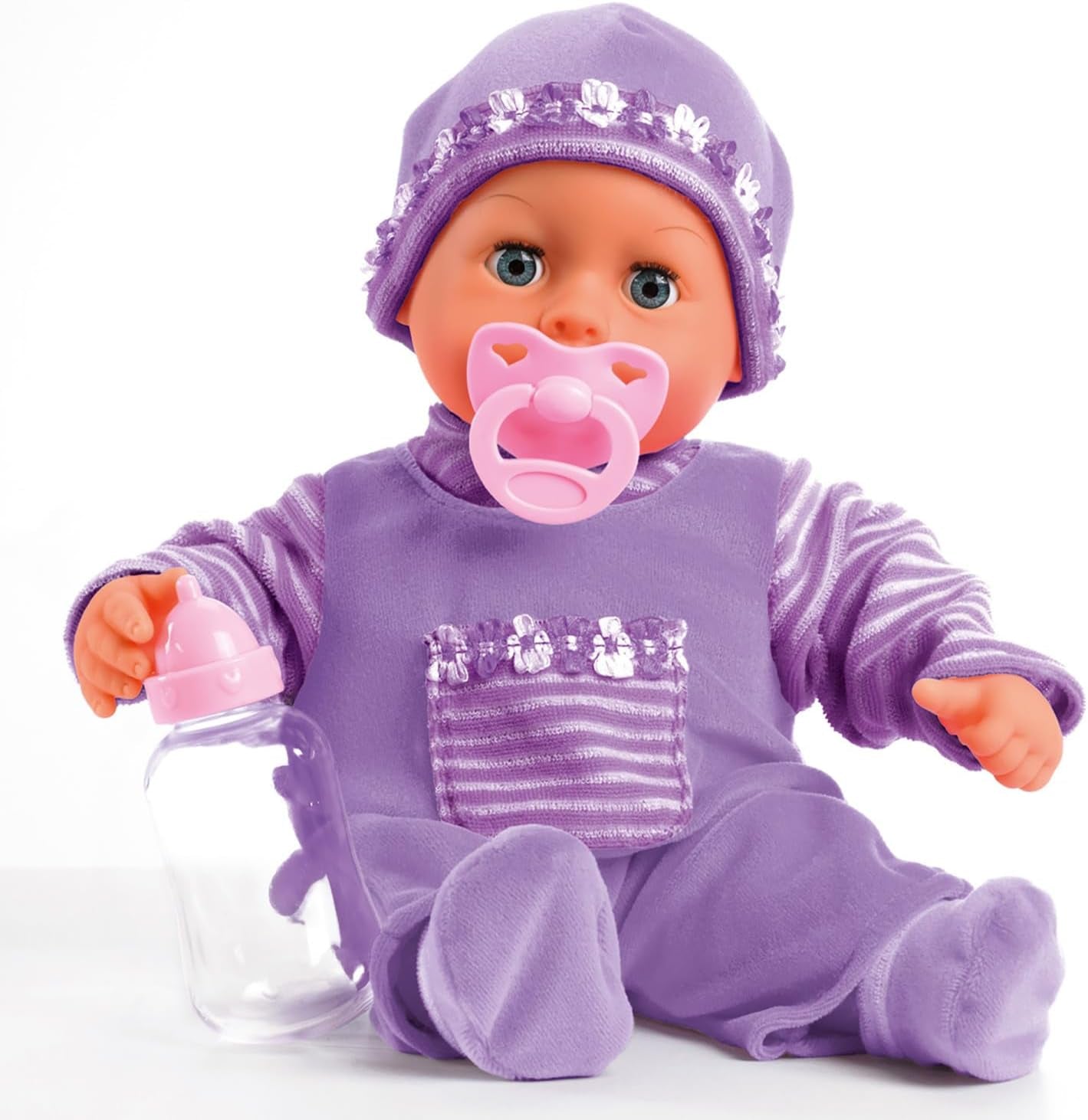 Bayer Design 93800-pink 93825AA Babypuppe First Words, Schlafaugen, spricht 24 Babylaute, weicher Körper, mit Schnuller und Flasche, 38 cm, rose