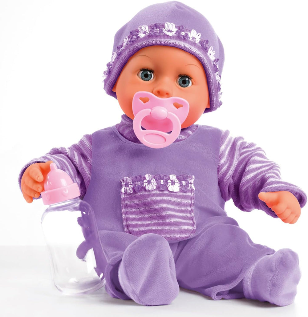 Bayer Design 93800-pink 93825AA Babypuppe First Words, Schlafaugen, spricht 24 Babylaute, weicher Körper, mit Schnuller und Flasche, 38 cm, rose