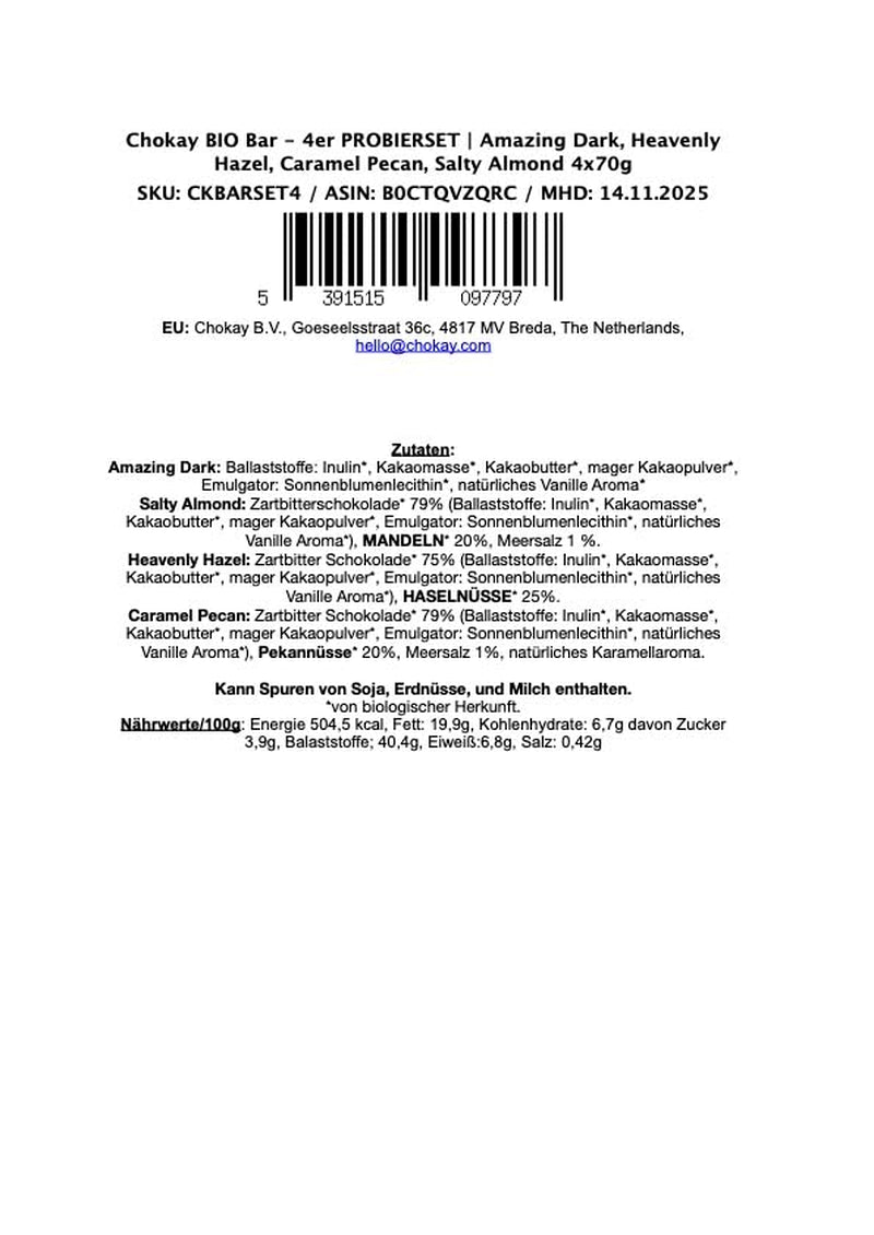 Barre biologique - Ensemble d'échantillons de 4 pièces/Amazing Black, Noisette, Pecan Caramel, Amande salée/Sans sucre ajouté, sans édulcorants/VÉGAN, SANS GLUTEN ET COMMERCE ÉQUITABLE / 4 x 70g
