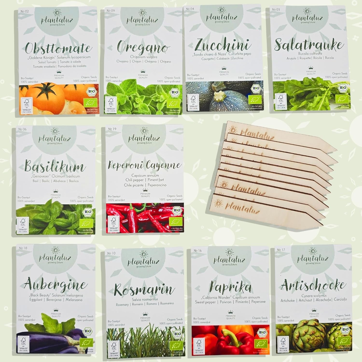 Plantaluz Premium Bio Seed Set P04 - Set de graines de légumes et d'herbes méditerranéennes avec 10 variétés pour jardin, balcon et plates-bandes surélevées - Y compris des bâtons de plantation FSC - Graines biologiques pollinisées et sans OGM