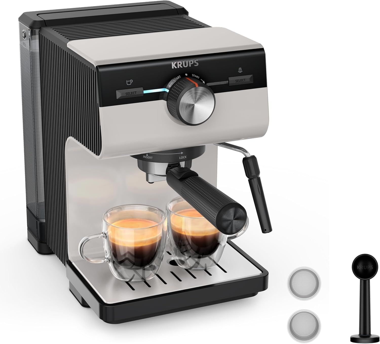 Machine à expresso KRUPS Authentic+, 15 bars, commande intuitive, design sophistiqué, buse vapeur, accessoires étendus inclus, Bullet Dark silver/Acier inoxydable, XP384G10