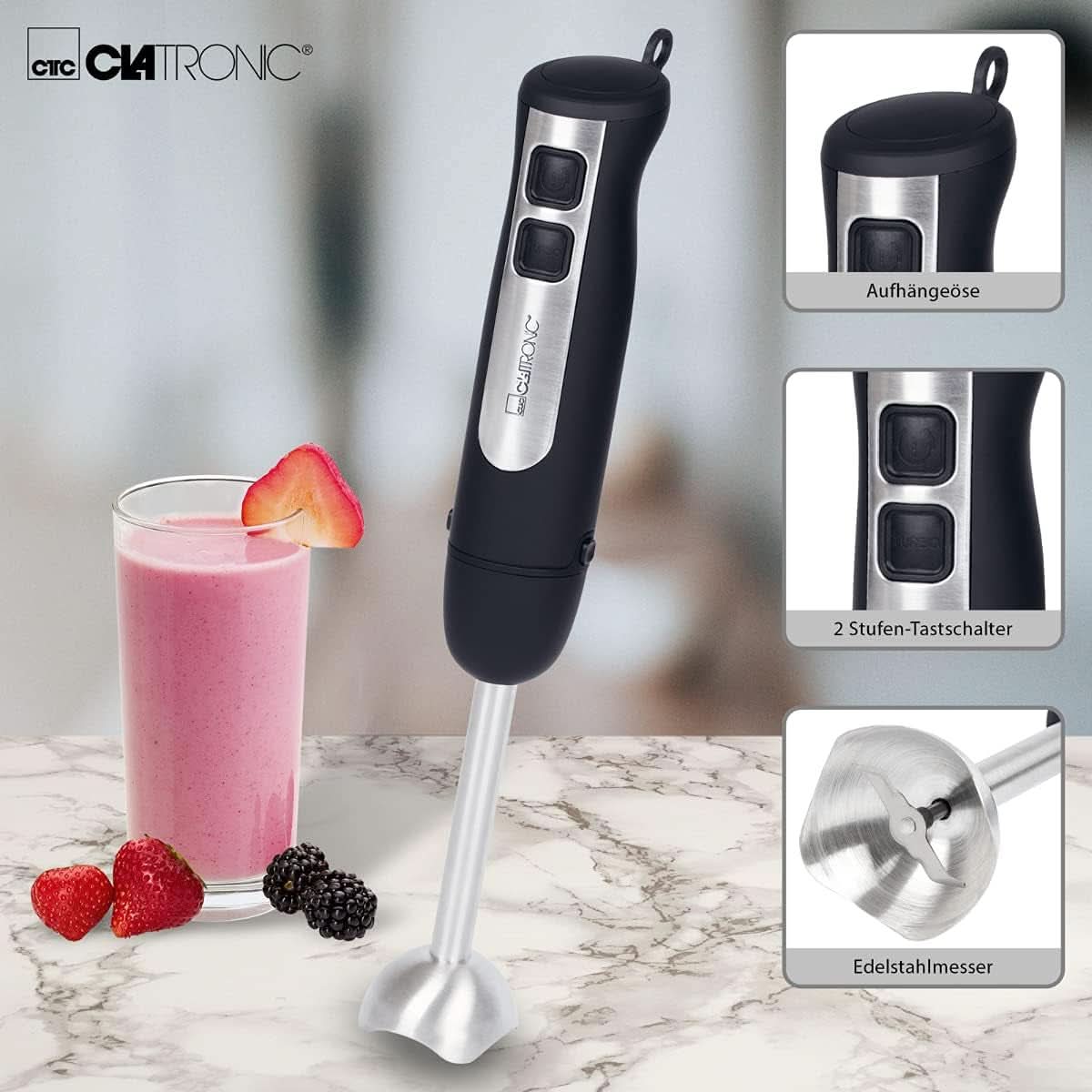 Clatronic Stabmixer SM 3739 Pürierstab, Handmixer, Mixer Für Smoothie, Shakes, 2 Stufen-Schalter, Multizerkleinerer, Edelstahl-Stab Und Messer, Aufhängeöse, 800 Watt Motor, Schwarz-Edelstahl Mama si Copilul Naty Shop