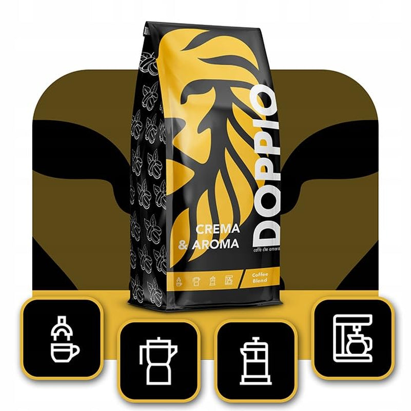 Doppio Crème & Saveur 1KG | Café en grains 80% Arabica et 20% Robusta | avec des notes de cacao, de noix et de caramel | Torréfaction fraîche et moyenne, faible acidité | pour expresso | Café Orque Bleu