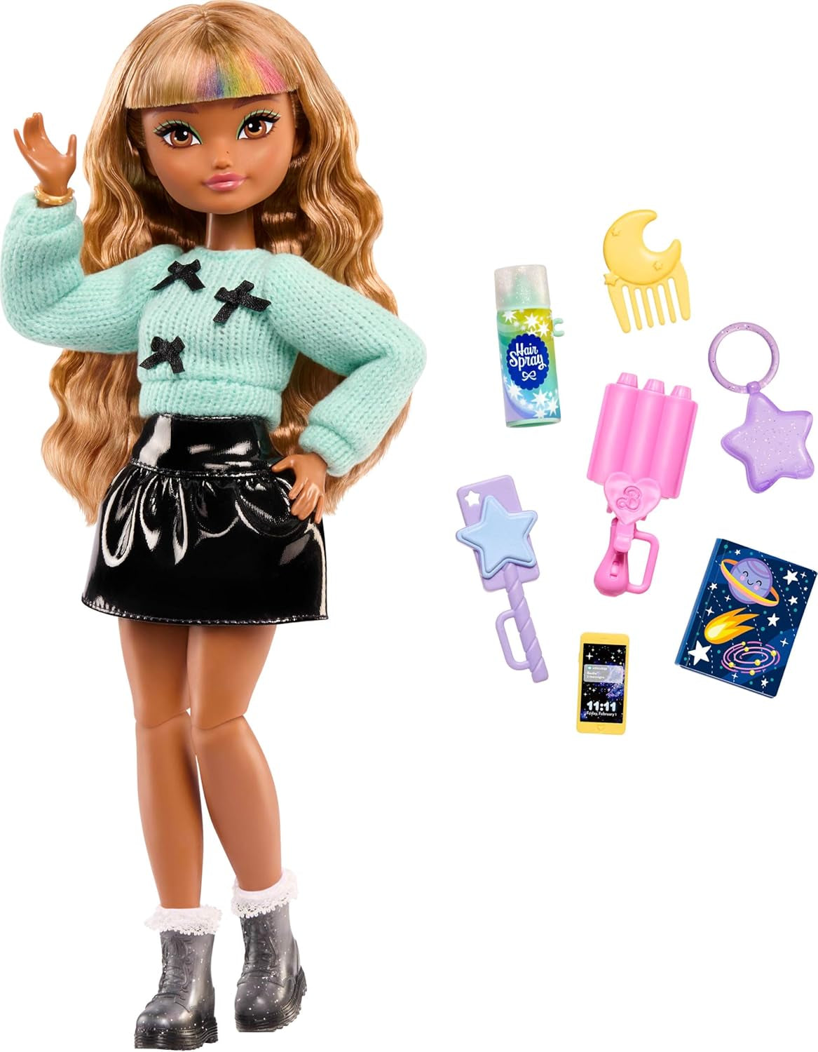 Barbie Dream Besties Puppe und Accessoires, bewegliche Zia-Modepuppe mit ausziehbaren Moden und welligem, braunem Haar, 7 Teile zum Thema Haar und Mond, JGG36