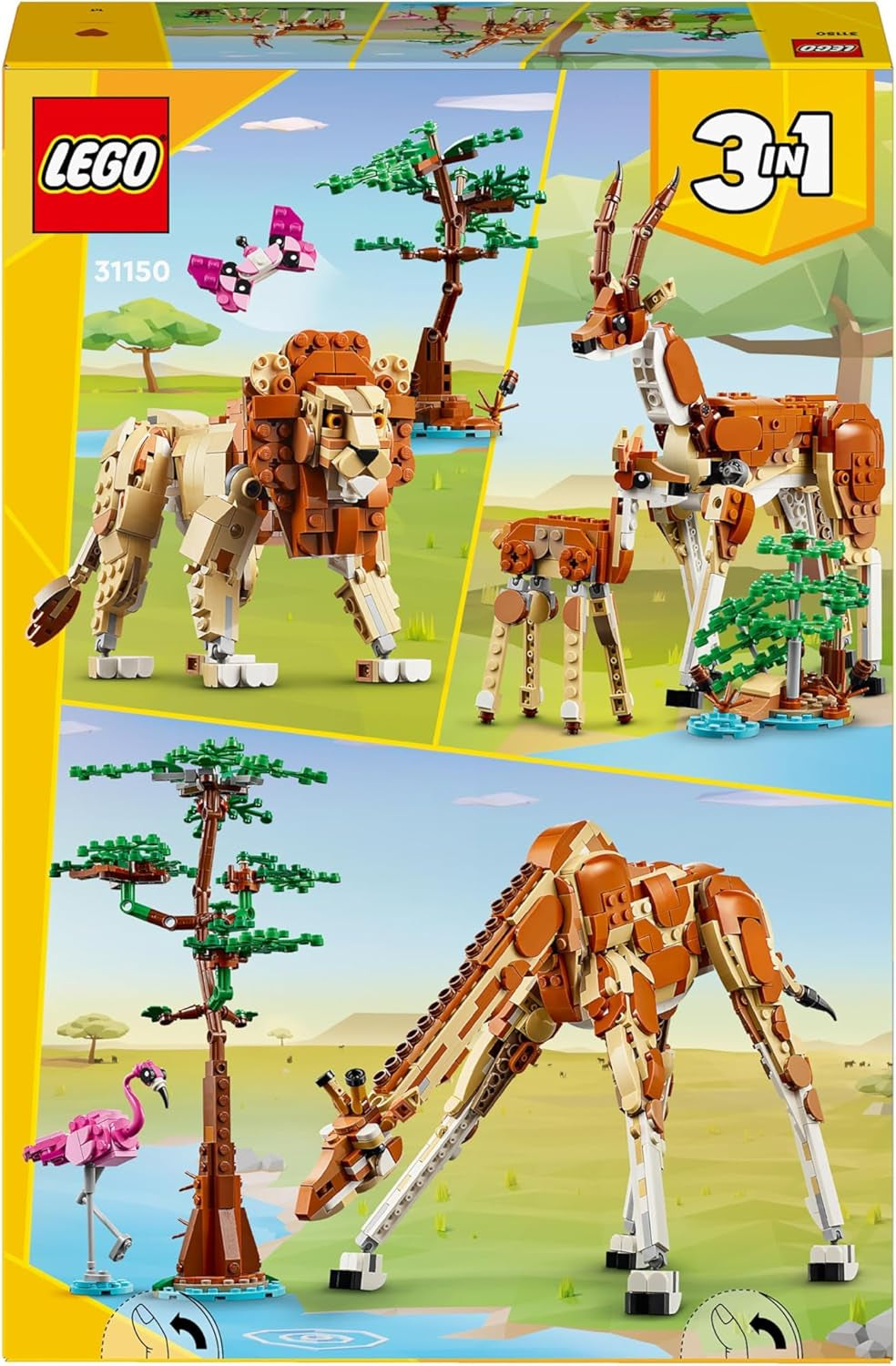 LEGO Creator 3In1 Animal Safari, set créatif avec figurines d'animaux, 3 options de construction : girafe, gazelle et lion jouets, animaux jouets pour filles et garçons, cadeau naturel pour les enfants à partir de 9 ans 31150 Jeux de construction Beuche den LEGO-Store