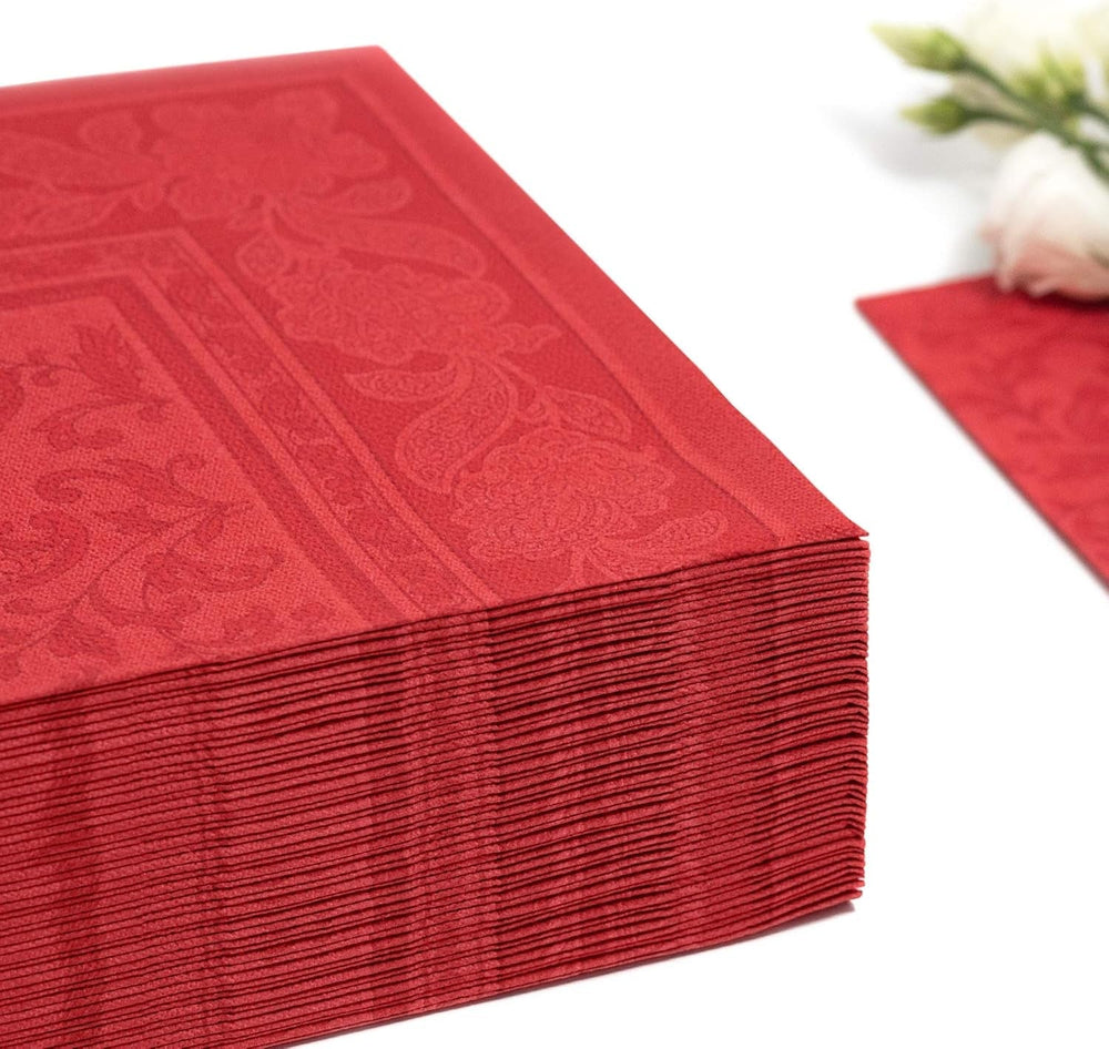 50 Serviettes Premium "Collection ROYAL" Pliage 1/4 40 cm x 40 cm Rouge Haute Qualité "Ornements" (Lot de 2)