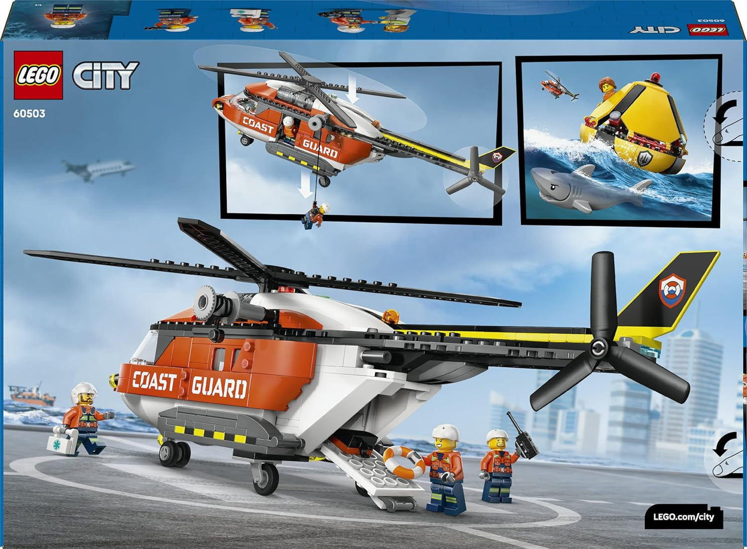 LEGO City Hubschrauber der Küstenwache - Spielzeug Einsatzfahrzeug - Modellbau mit Schiebetüren, Winche, 4 Minifiguren und Hai Figur - Geburtstagschenken für Jungen ab 7 Jahren - 60503
