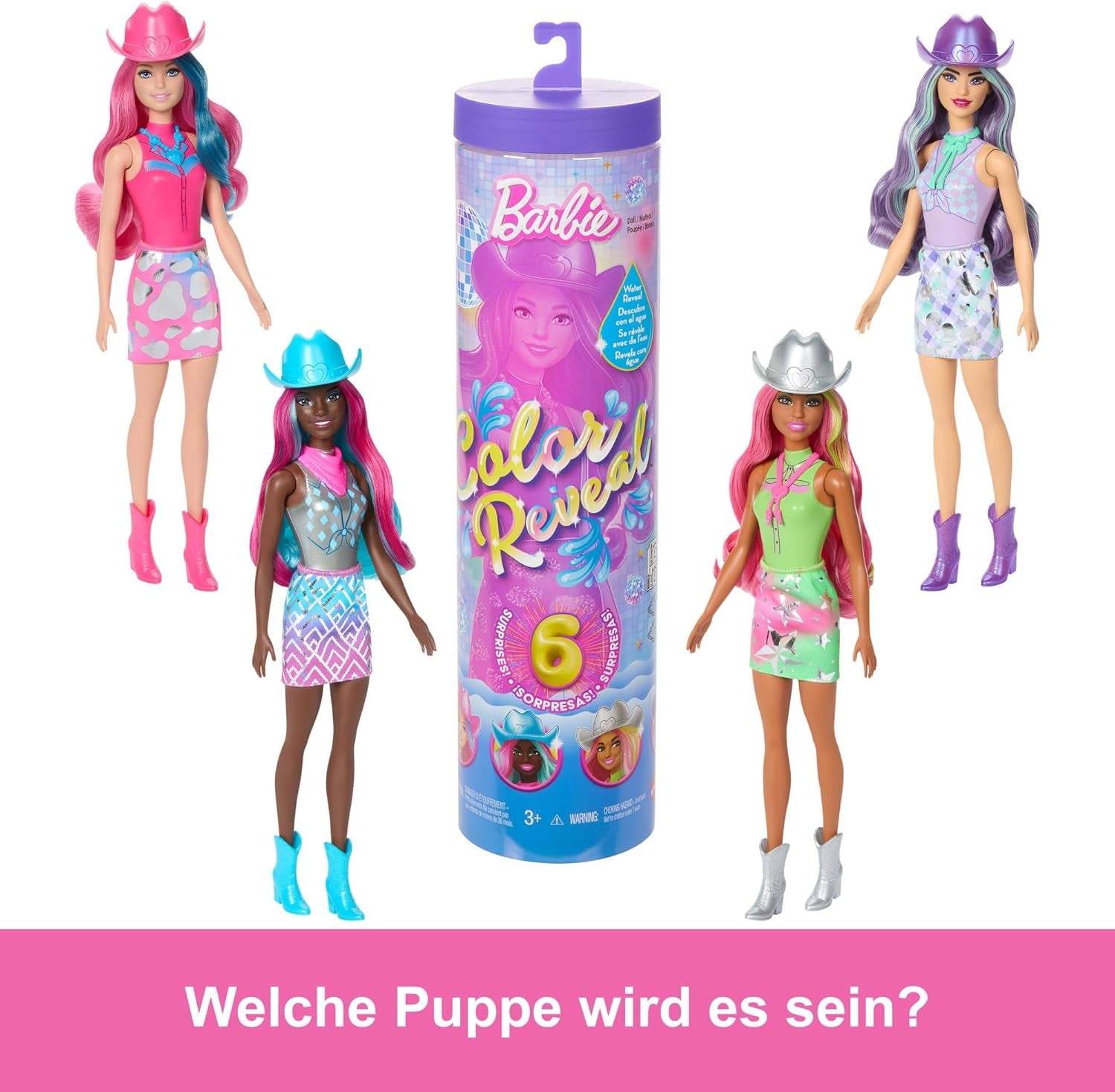 Poupée Barbie Color Reveal et accessoires avec 6 surprises, série Disco Star avec paillettes métalliques et dessus changeant de couleur (les styles peuvent varier), JCP01, 32 cm