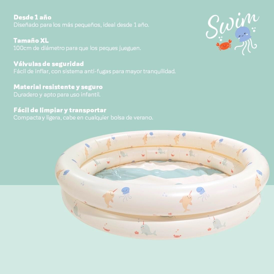 Miniland - Piscine Bébé Gonflable 100cm, Piscine Bébé Ronde Compacte et Sécurisée