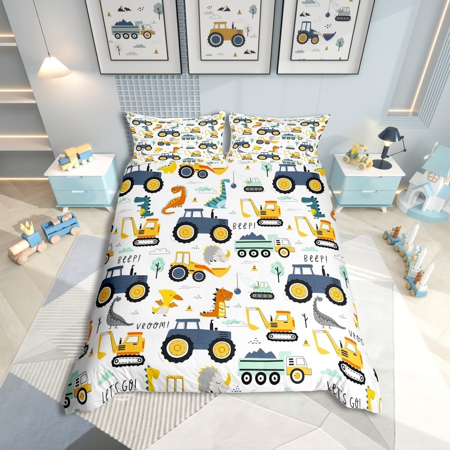 Jungen Cartoon Auto Bedtuchen Set 135X200,Kinder Bau Fahrzeuge Tröster Abdeckung Für Kind Kleinkind Teens,Dinosaurier Bettbezug,Traktor Maschinerie Bagger Bettdecke Abdeckung,Lkw Autos Bedtuchen Naty Shop Multi 15 135*200+80*80*1