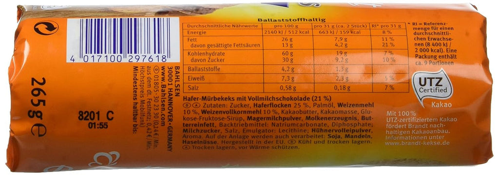 Brandt Hobbits Chocolate - Pachet de 18 - Cutie de depozitare - Biscuiți integrali cu conținut ridicat de fibre, fulgi de ovăz și jumătate de ciocolată fină (18 x 265 g)