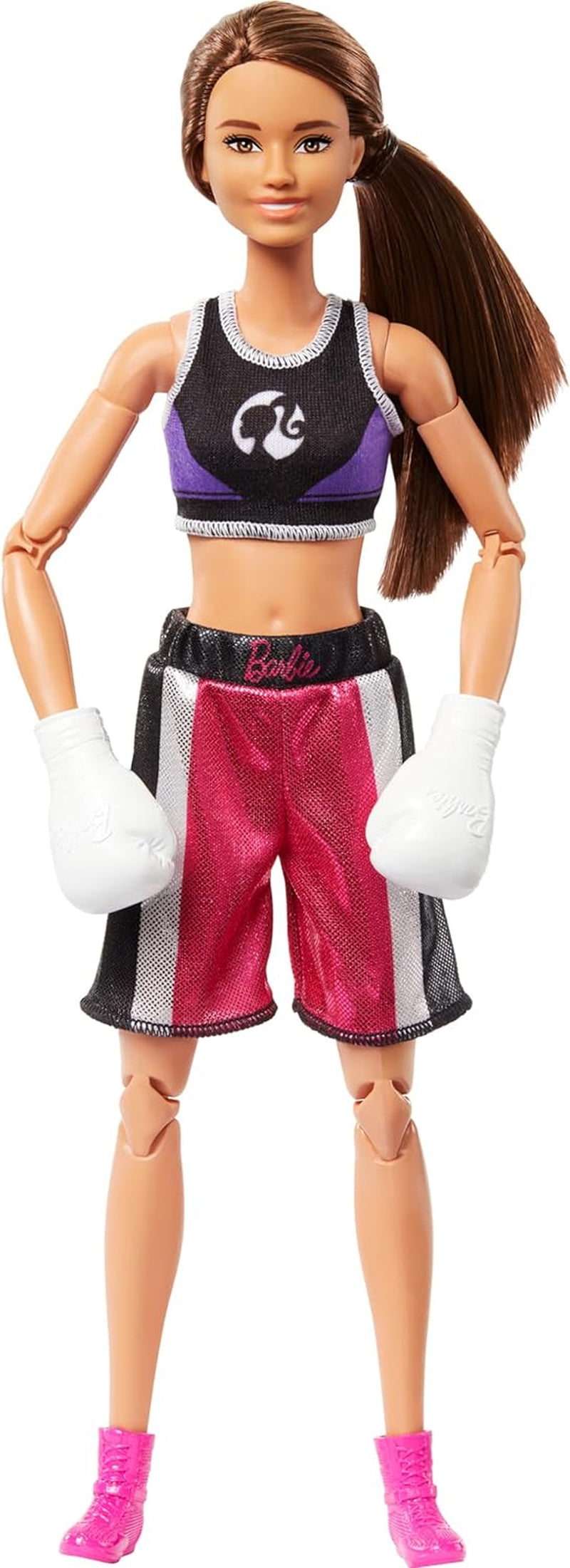 Păpușă Barbie Made to Move și accesorii, boxer brunetă cu echipament sportiv detașabil cu mănuși de box, 22 de articulații mobile, HRG40 Papusi Naty Shop Boxer