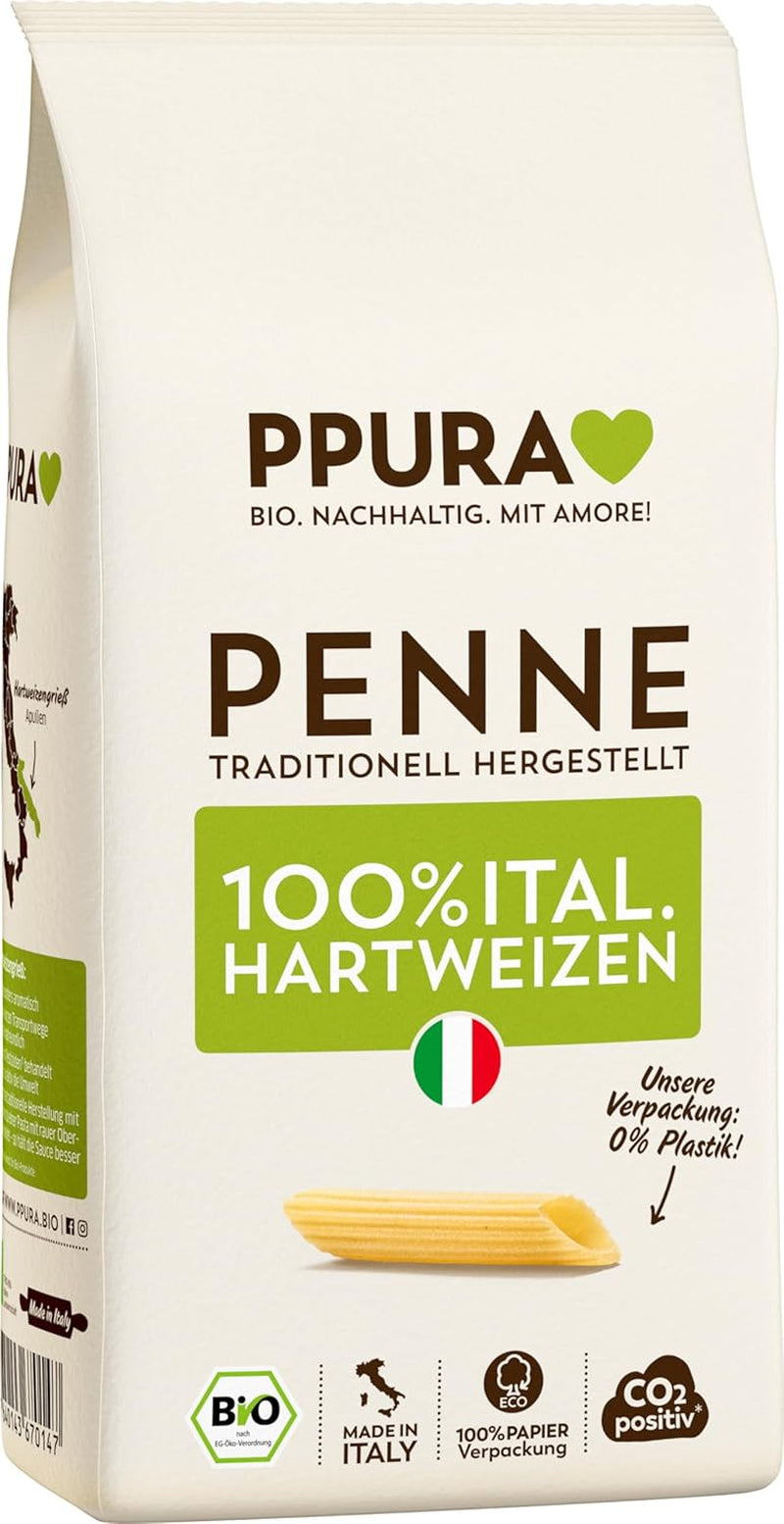PPURA Pâtes Penne de Blé Dur Bio 500g, Pâtes tubulaires 100% naturelles, Fabriquées en Italie - Pâtes italiennes sans additifs, colorants ni conservateurs