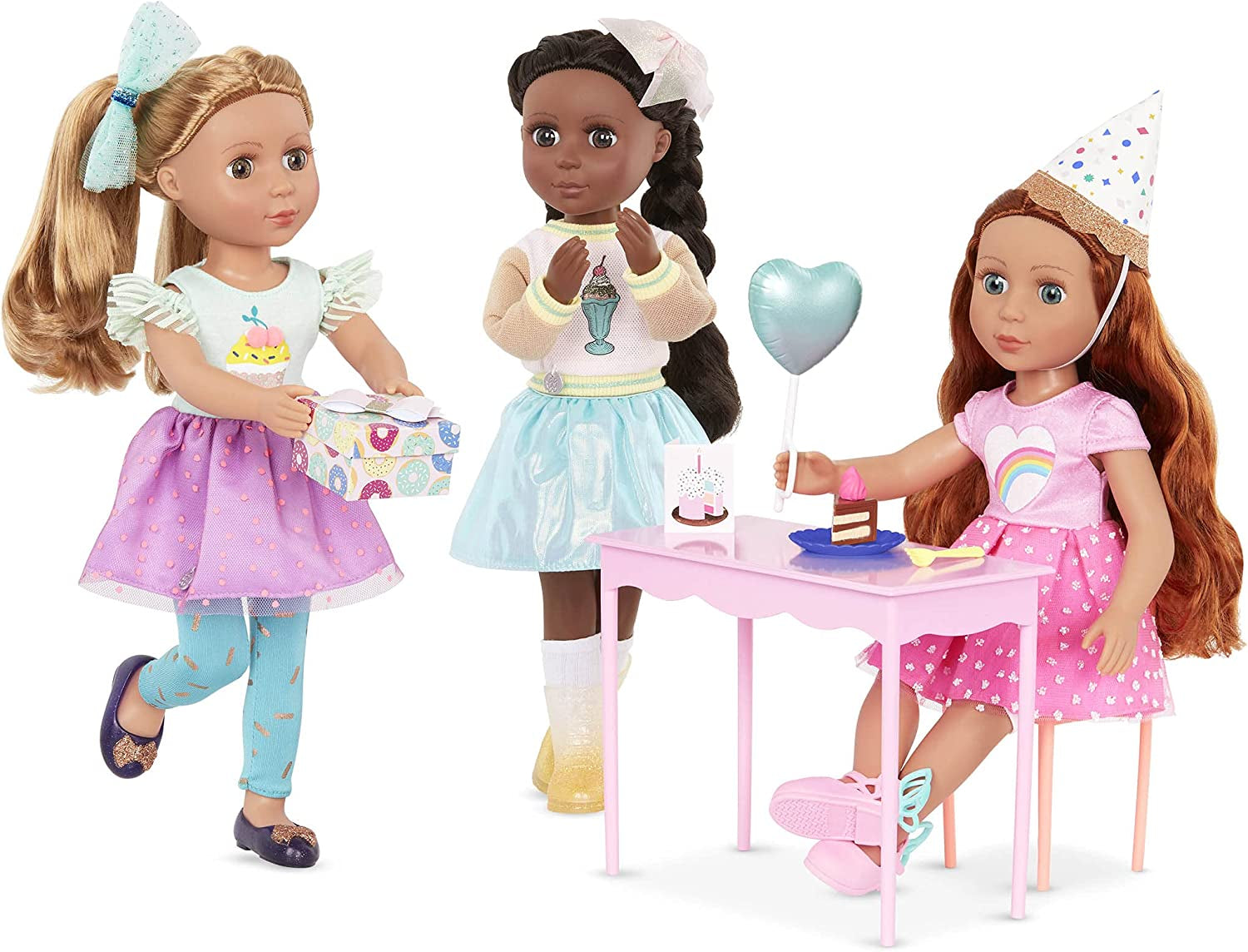 Glitter Girls - Cicely - 36 cm Geburtstagspuppe - Regenbogen Herz Kleid, Geburtstag Hut, Kuchen, Ballon - Poseable Arme & Beine - Rote Haare und grüne Augen - 3 Jahre +