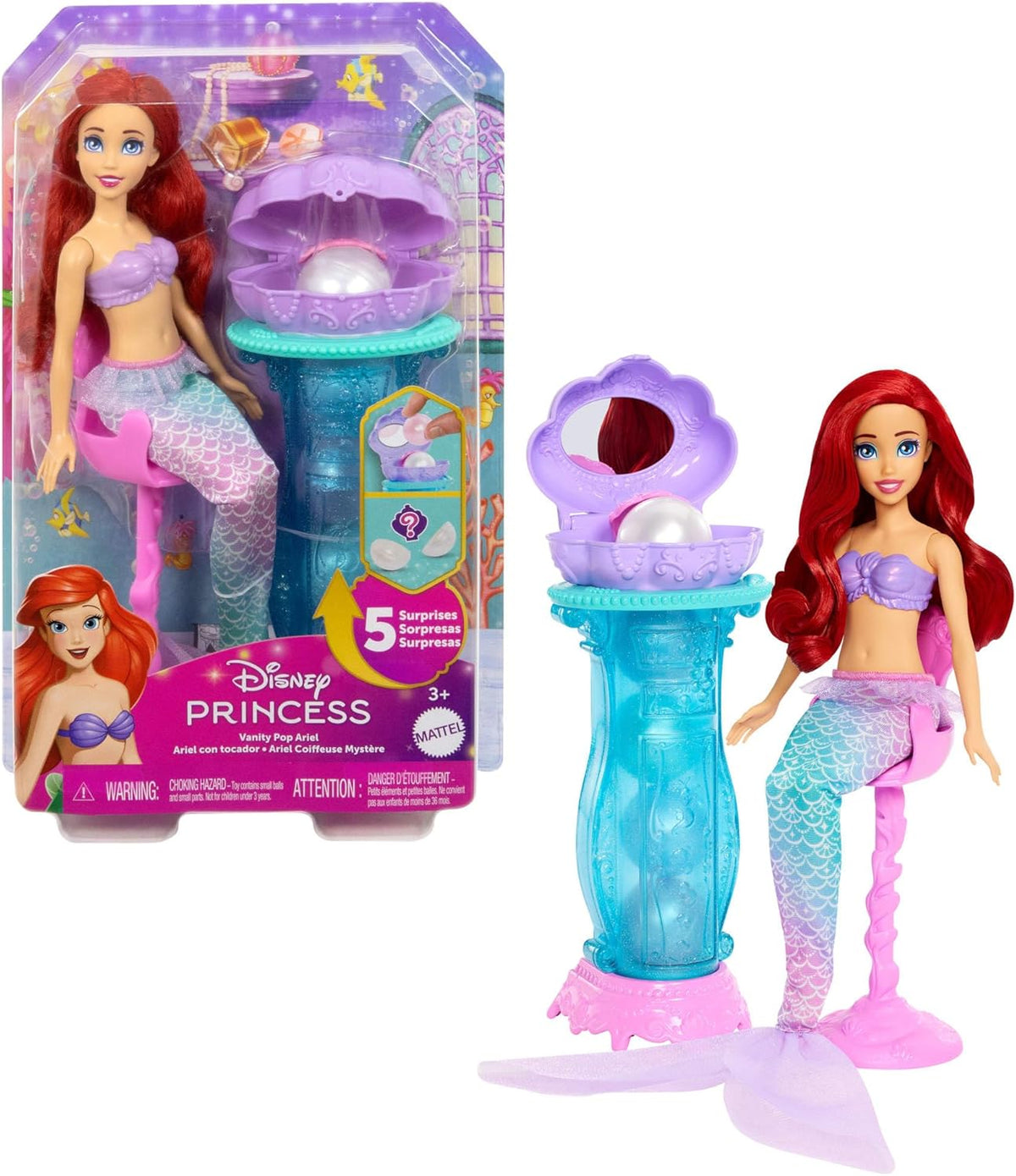Mattel Disney Princess Toys, poupée mannequin sirène Ariel avec nageoire arrière amovible, coiffeuse avec 5 surprises pop-up répétables et 5 accessoires, JBF86