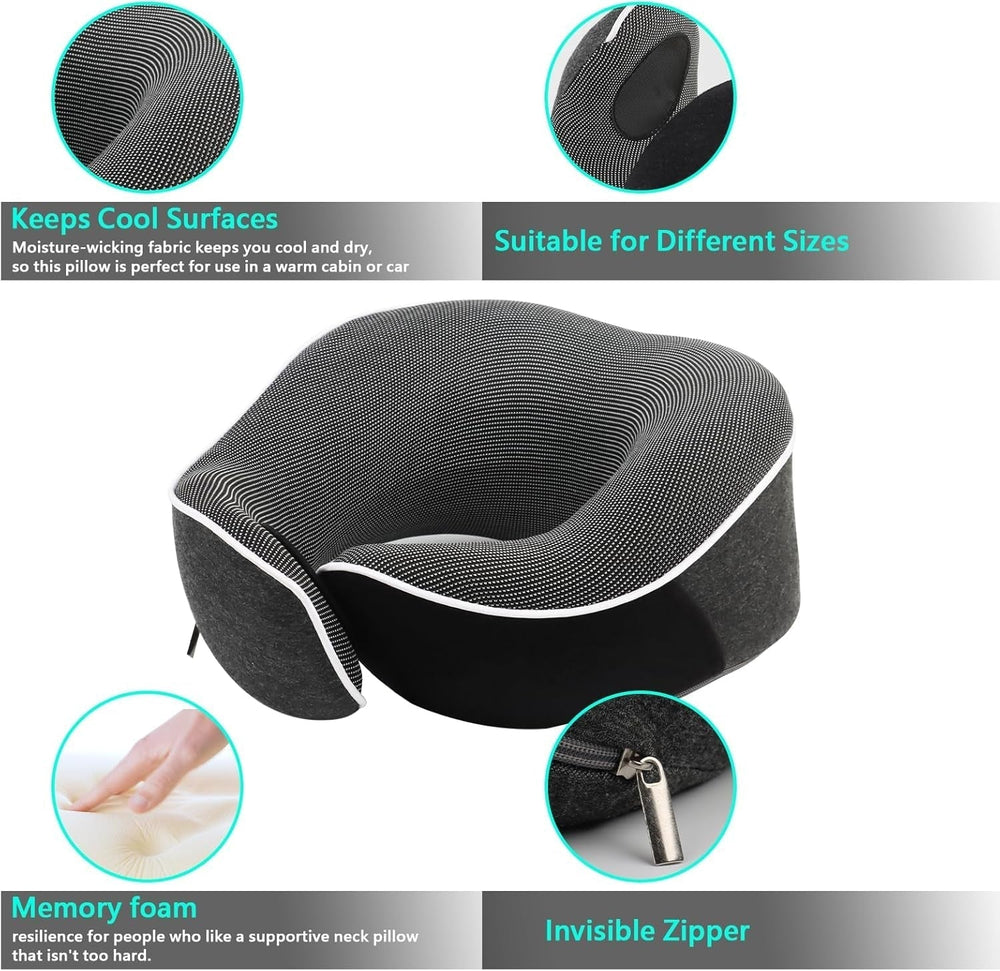 KILDOWS Oreiller Cervical Avion, Oreiller de Voyage en Mousse à Mémoire de Forme, Oreiller de Voyage Avion avec Masque pour les Yeux et Bouchons d'Oreilles, Oreiller Cervical Orthopédique, Idéal pour Voyager en Avion, Voiture, Train Oreillers Cervicaux Orthopédiques Naty Shop