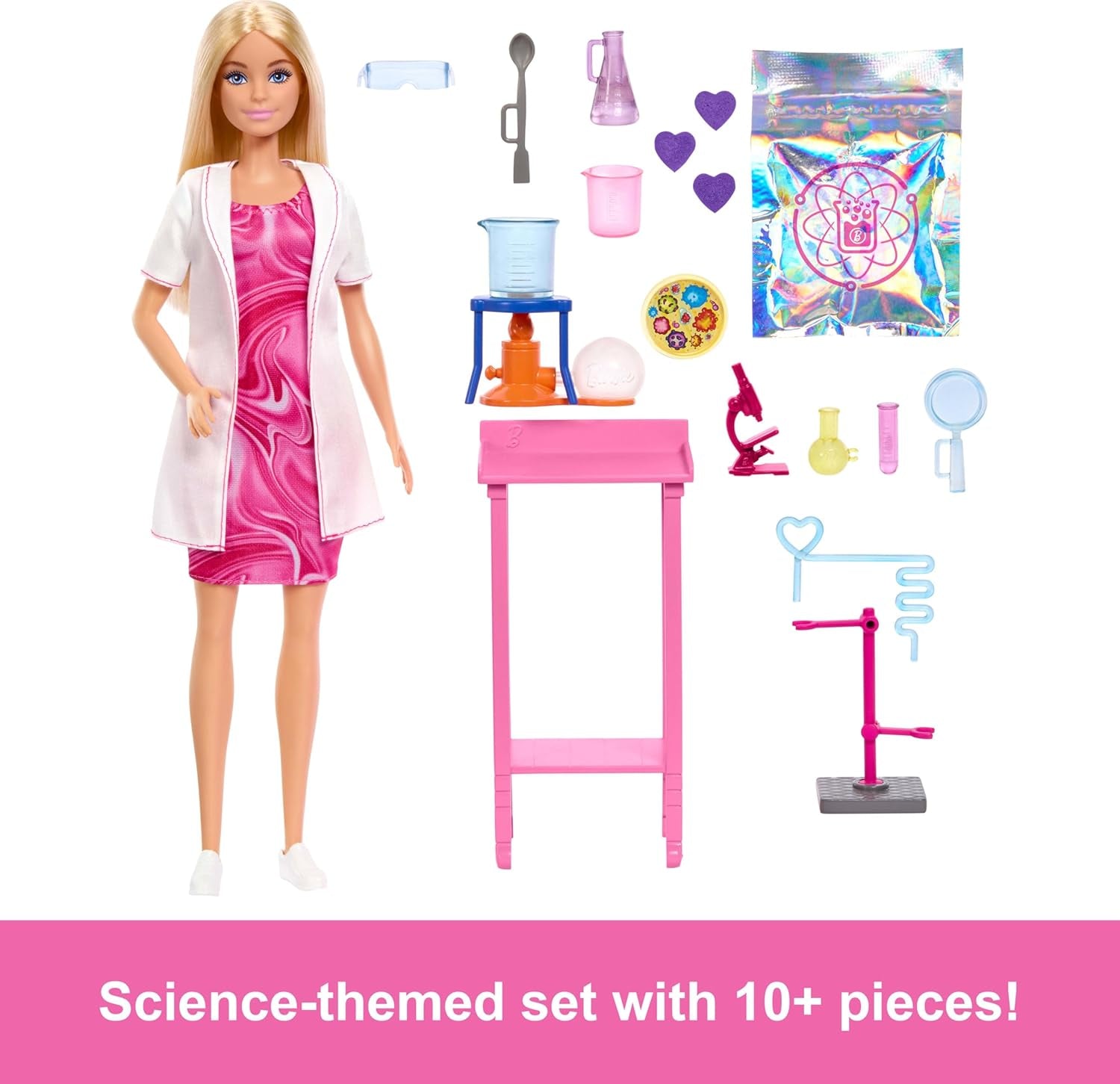 Poupée scientifique Barbie et accessoires avec poupée blonde tendance, table de laboratoire, microscope, bécher à changement de couleur et boîte de Pétri, JCR70