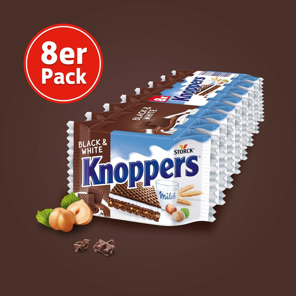 Knoppers Blancs et Noirs – 8 x 25g – Tranches de gaufrettes fourrées de gaufrettes au cacao noir, morceaux de biscuits noirs, lait et crème de nougat