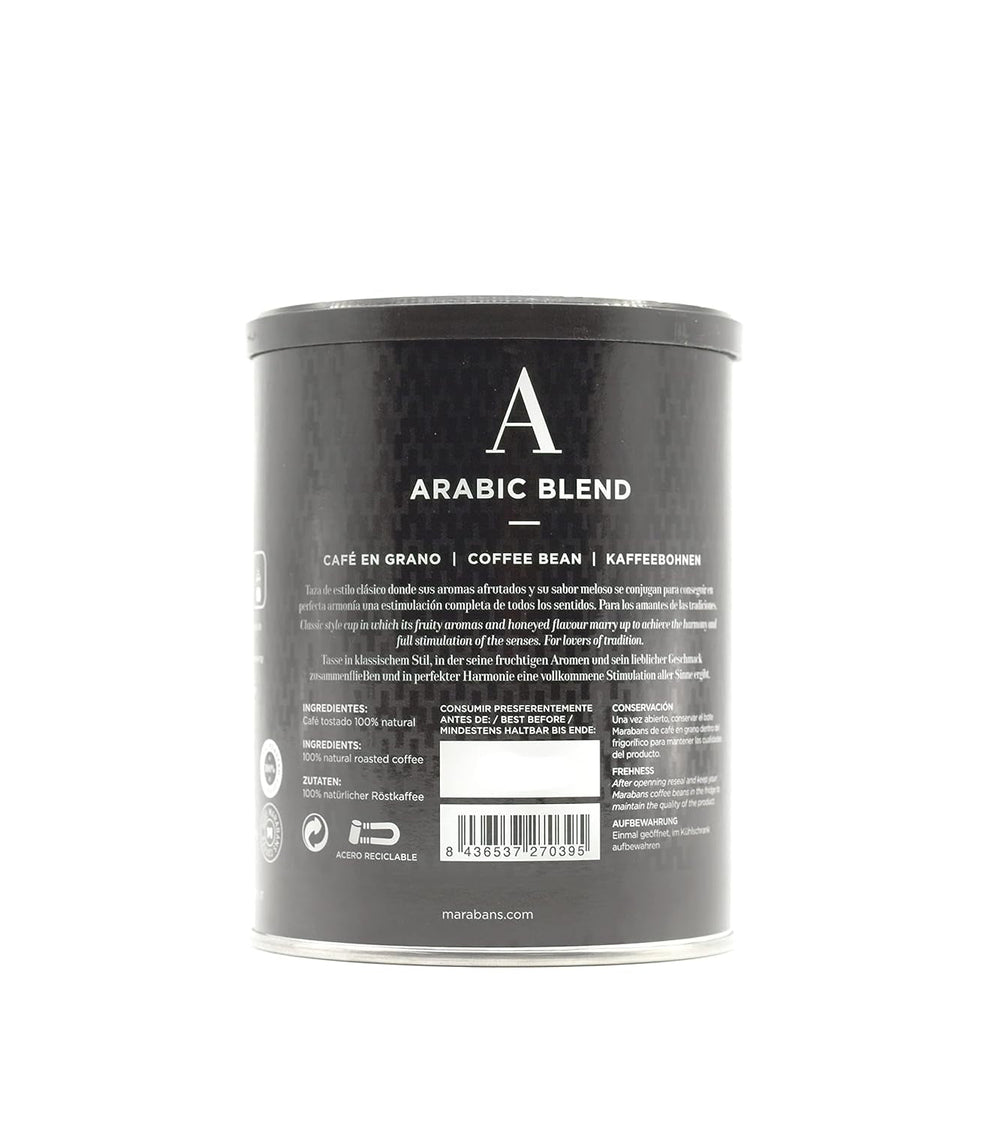 Boabe de cafea Marabans Arabic Blend, cutie de 250 de grame, 80% Arabica, 20% Robusta, 100% prăjire naturală.