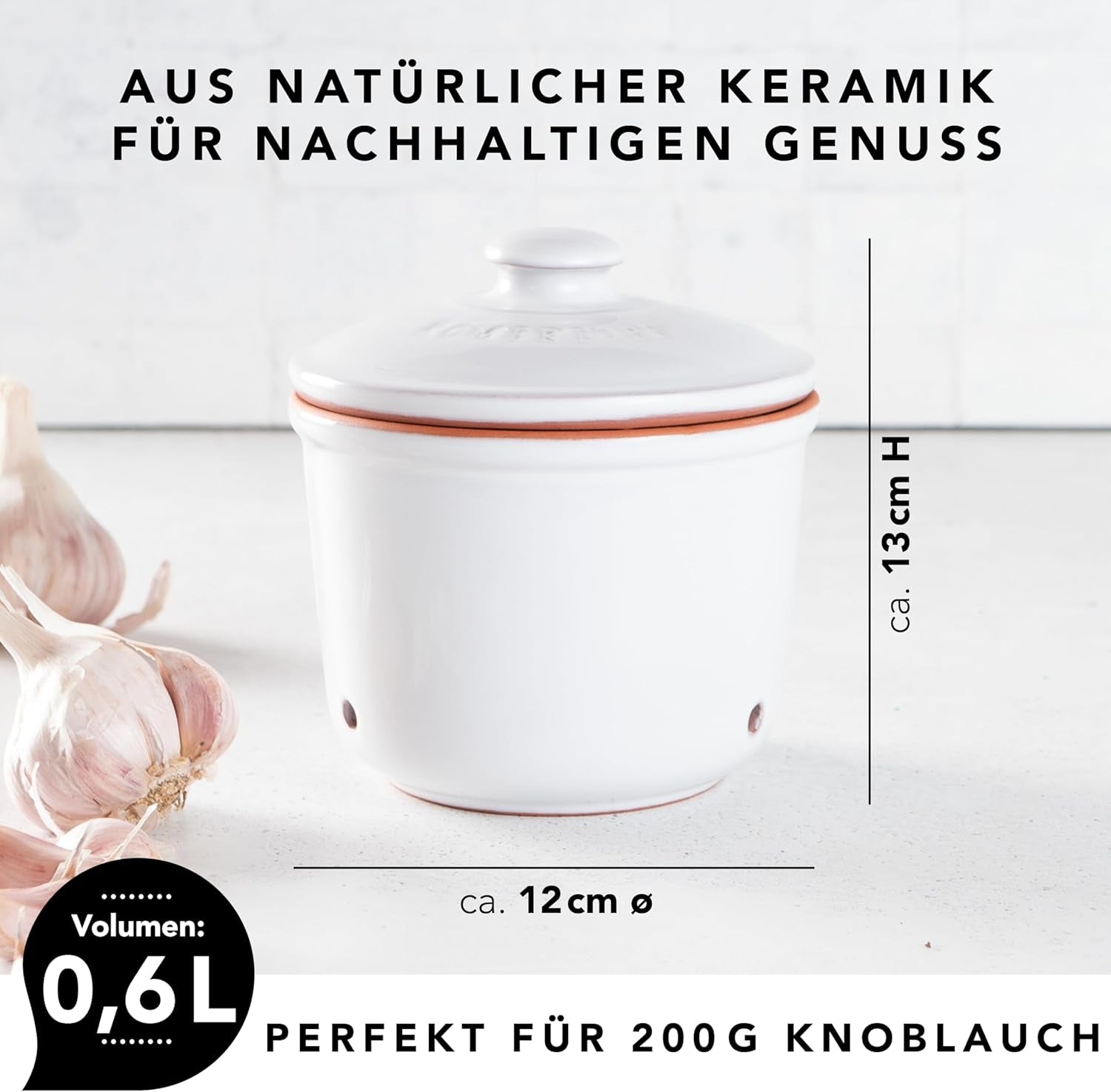 Römertopf Fresh Pot MINI 0,6 litres - Pot à ail en céramique - L'argile respirante garde les légumes frais plus longtemps - Circulation d'air idéale - Boîtes de conservation blanches Naty Shop
