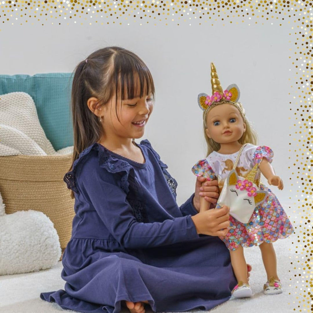 Heless 2231 - Puppenkleidung im Design Einhorn Goldy, Glitzerkleid mit schimmernden Pailletten für Puppen und Kuscheltiere der Größe 35 - 45 cm