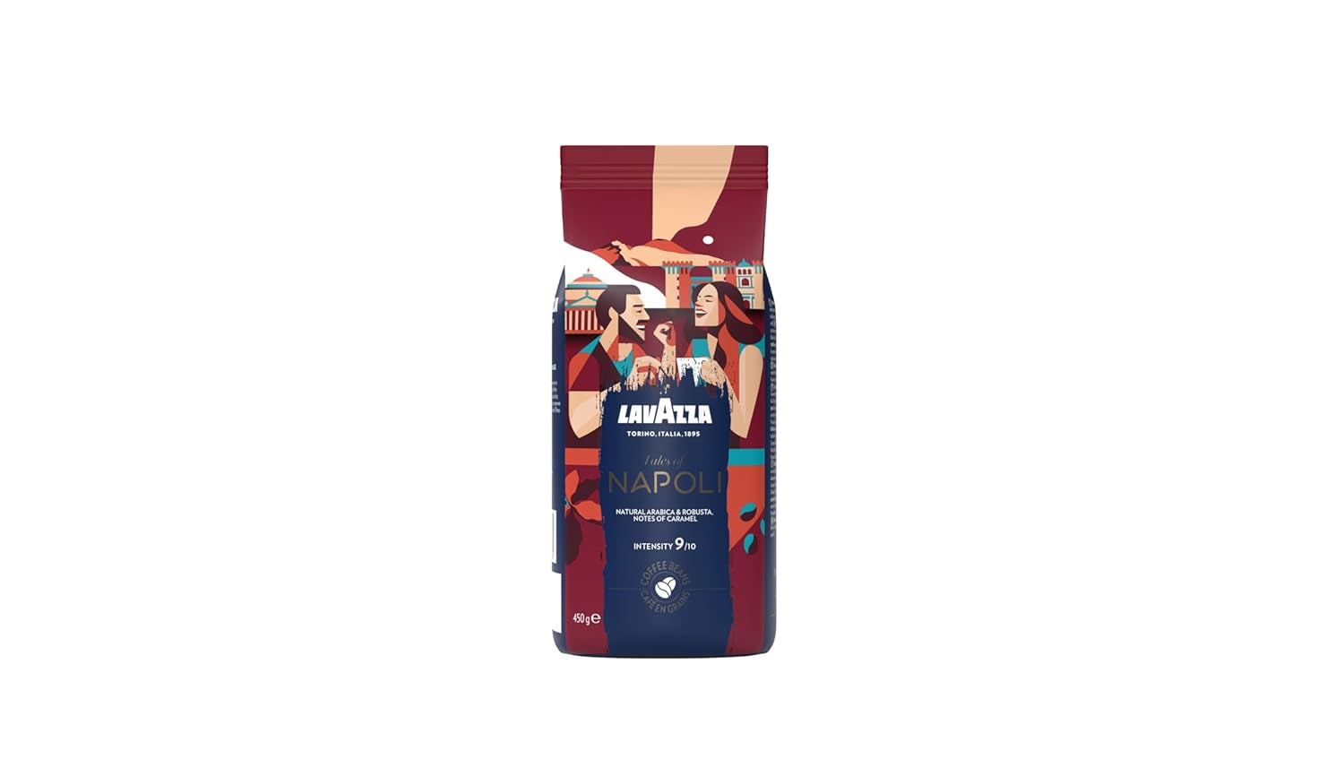 Lavazza, Tales of Napoli, café en grains, idéal pour machines à expresso, aux notes aromatiques de cacao et de caramel, Arabica et Robusta, intensité 9/10, torréfaction intense, 450 g