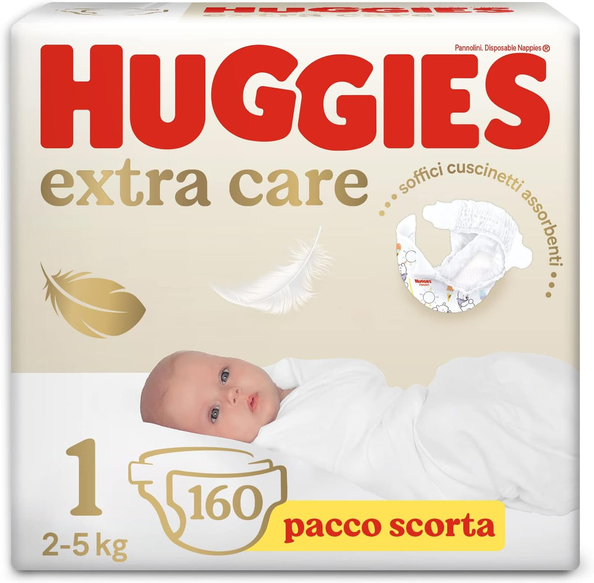Couches pour bébé Huggies Extra Care taille 1 (2-5 kg), super absorbantes, motif Disney, paquet en vrac 160