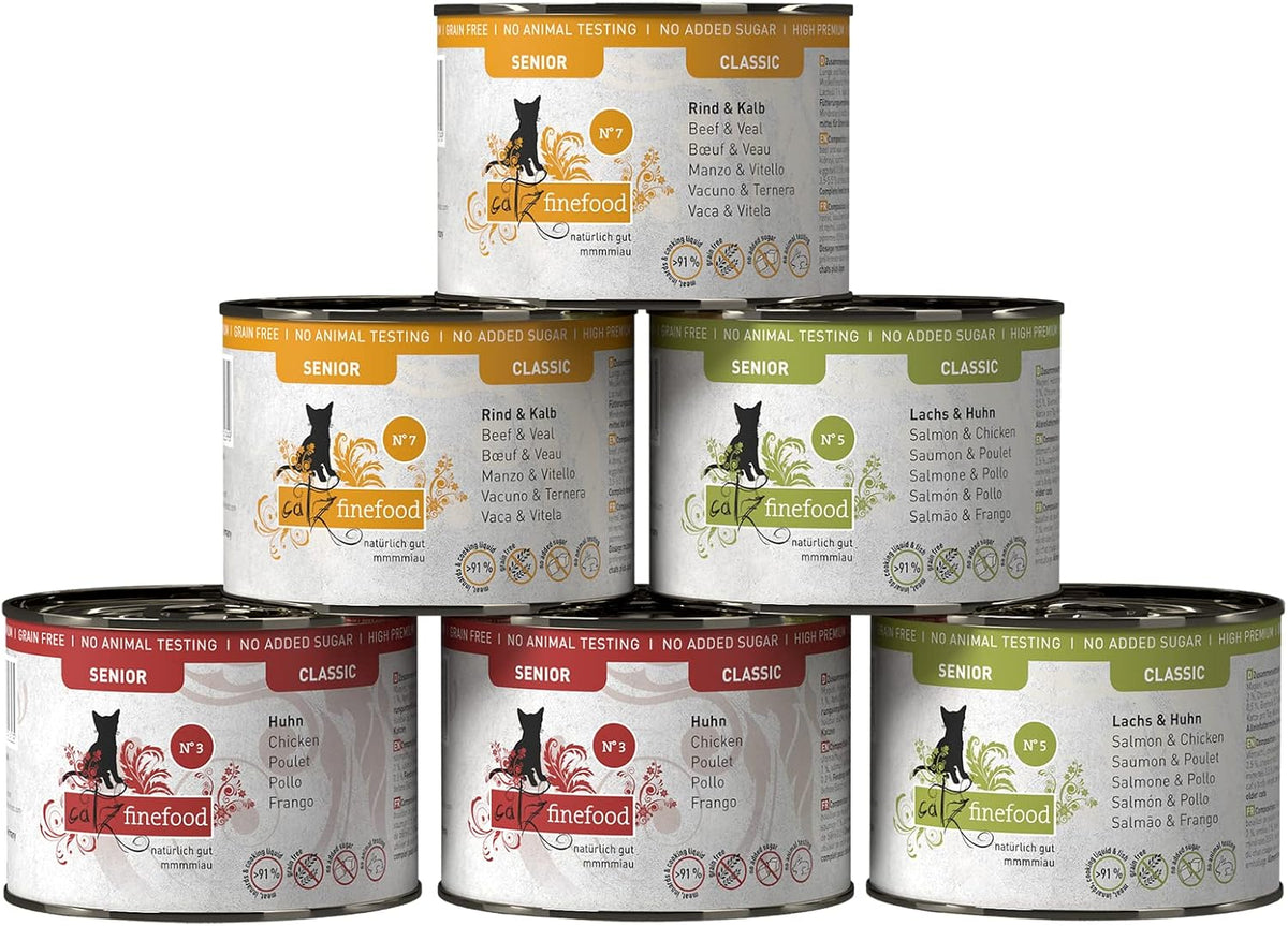 catz finefood Senior Collection Katzenfutter nass - Premium Nassfutter für Ihre Senior Katze - getreidefree, ohne Zucker, hoher Fleischanteil, Vitamine & Mineralien (6 x 200g Dose)