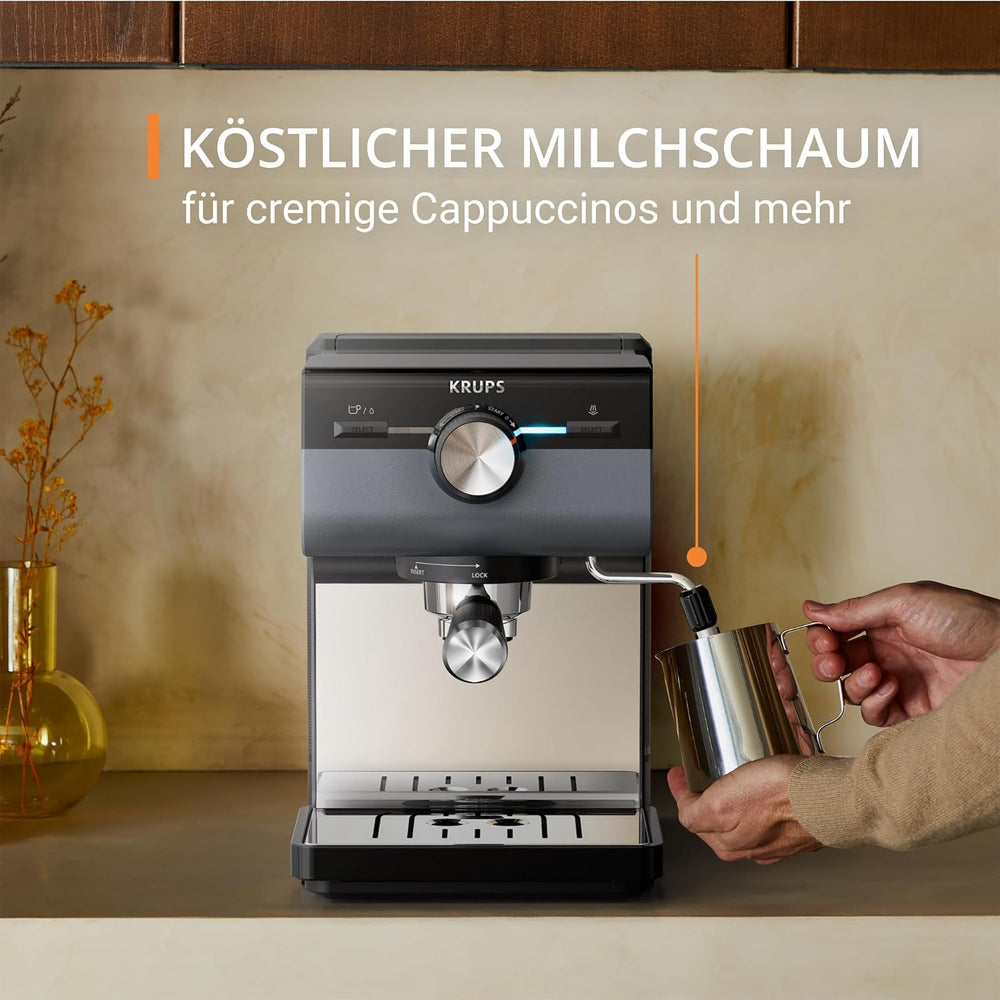 Machine à expresso KRUPS Authentic+, 15 bars, commande intuitive, design sophistiqué, buse vapeur, accessoires étendus inclus, Bullet Dark silver/Acier inoxydable, XP384G10