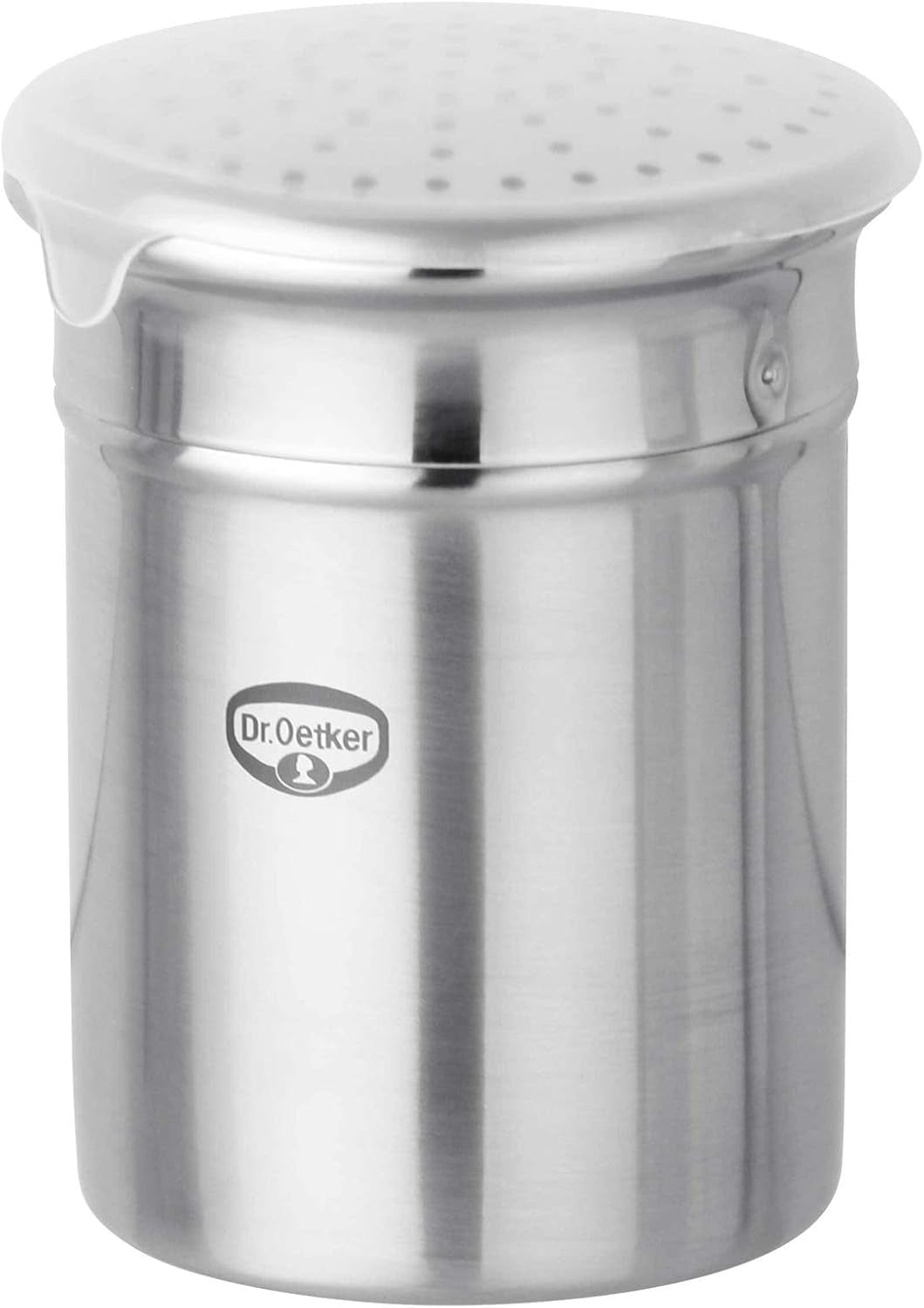 Dr. Oetker Sucrier grossier, ustensile de cuisine en acier inoxydable de haute qualité pour un époussetage décoratif et rapide, grande capacité, avec couvercle de protection, (couleur: argent), quantité: 1 pièce