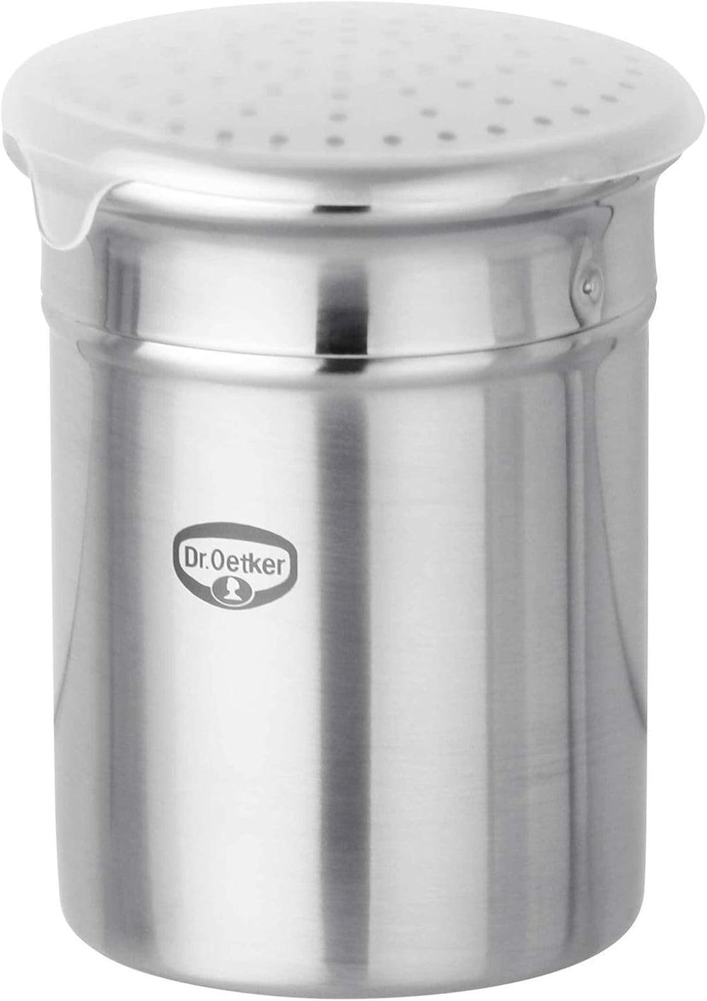 Dr. Oetker Sucrier grossier, ustensile de cuisine en acier inoxydable de haute qualité pour un époussetage décoratif et rapide, grande capacité, avec couvercle de protection, (couleur: argent), quantité: 1 pièce