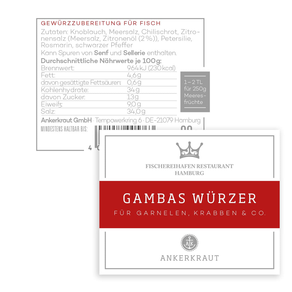 Ankerkraut x Fischereihafen Restaurant Gambas Würzer, Authentisches Gewürz for köstliche Gambas und Meeresfrüchte, Parfait pour la cuisine méditerranéenne, 80 g dans du verre de liège