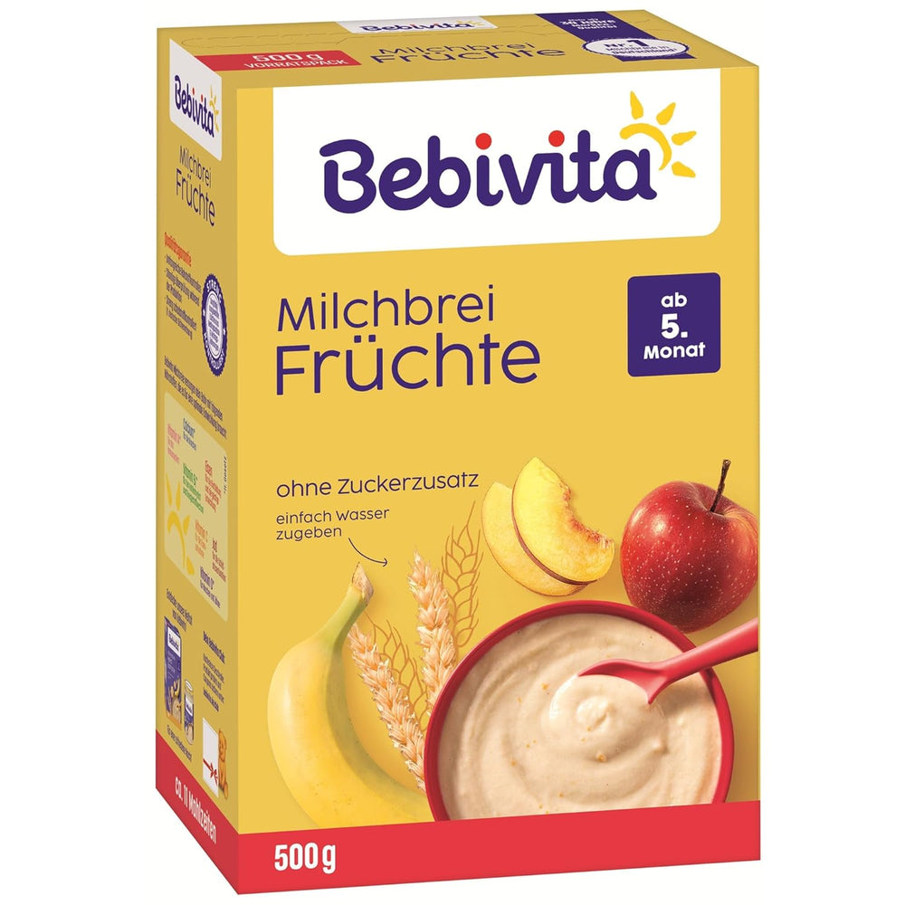 Bouillie de lait aux fruits (4x500g), dès 5 mois, sans sucre ajouté, avec de précieux minéraux et vitamines, très nourrissante