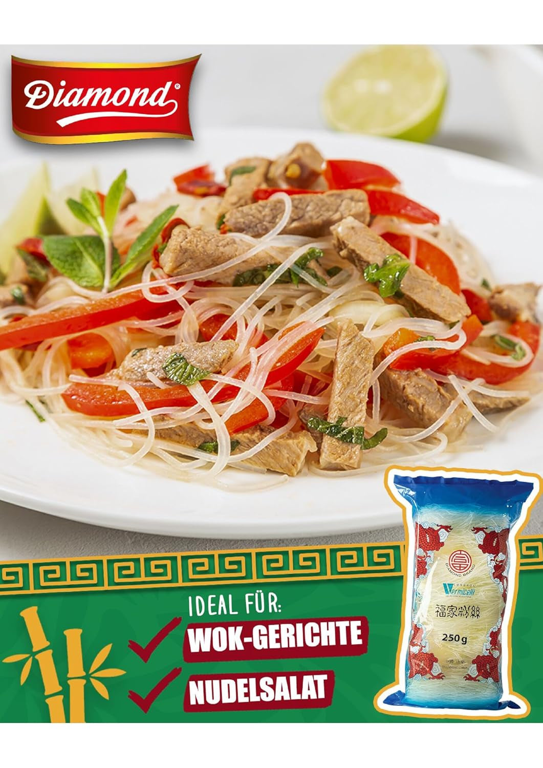 Nouilles en verre DIAMOND, nouilles en verre longues, naturellement végétaliennes et sans gluten - 1 x 250 g