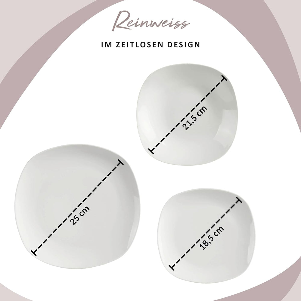 SANGER | Service de table Bilgola blanc, service de table en porcelaine 24 pièces pour 6 personnes, assiettes carrées, assiettes à dîner | LA COLLECTION PREMIUM