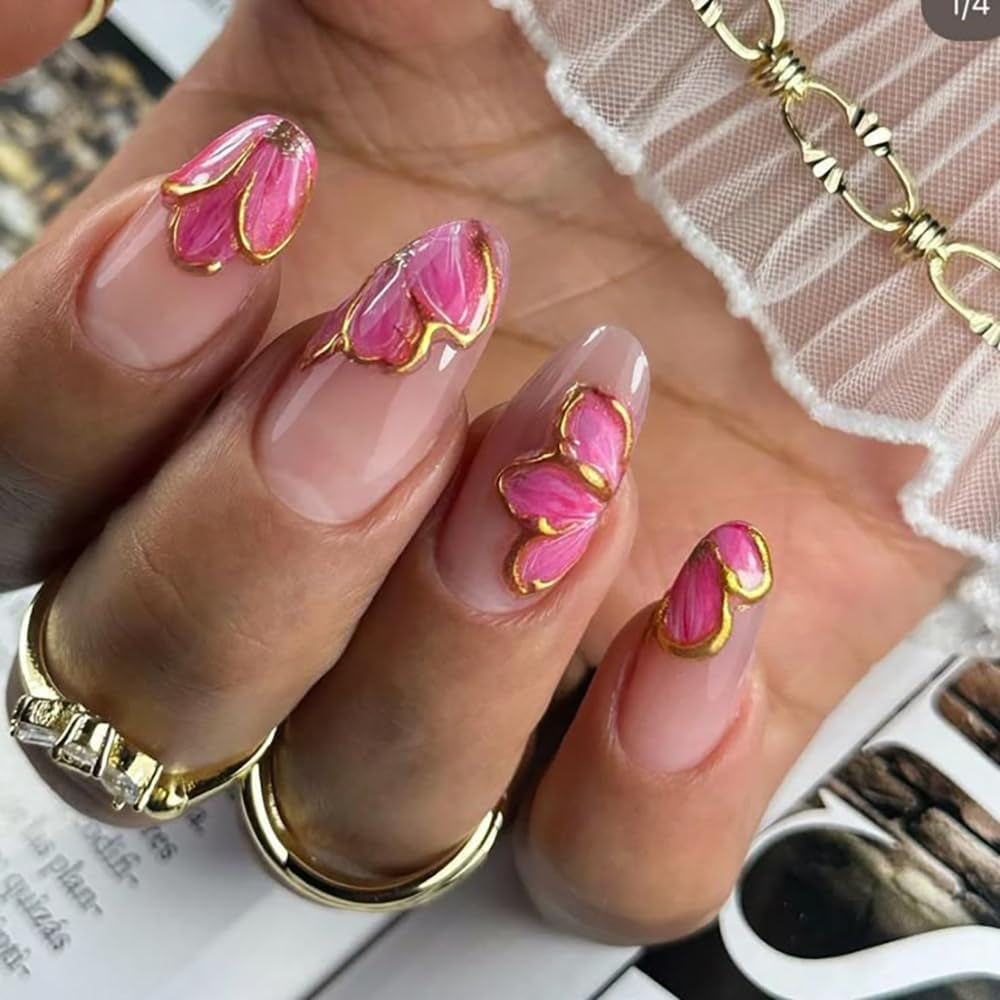 Gold Linie Schieber Rosa Nagelsticker Blumen 3D Flower Nail Sticker Sakura Blütenblätter Blumen Nagelaufkleber Frühling Sommer Floral Nagel Sticker Flowers Nagel Stickers Nageldesign Zubehör Nail Art