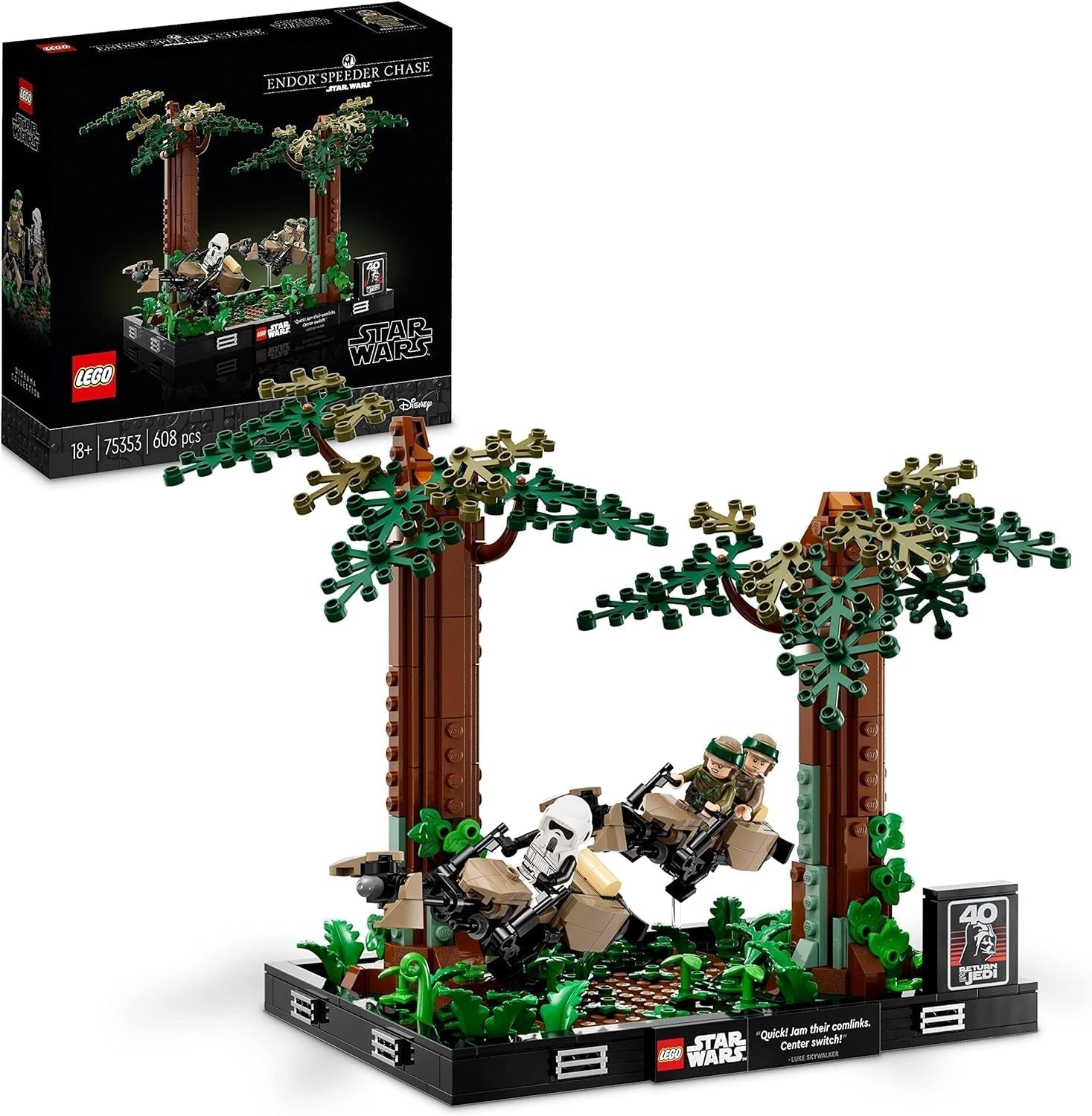 LEGO 75353 Star Wars Poursuite sur Endor - Ensemble diorama, Le retour du Jedi avec Luke Skywalker, la princesse Leia, le Scout Trooper et les Speeder Bikes, ensembles de construction du 40e anniversaire Besuche dans le LEGO-Store uniquement