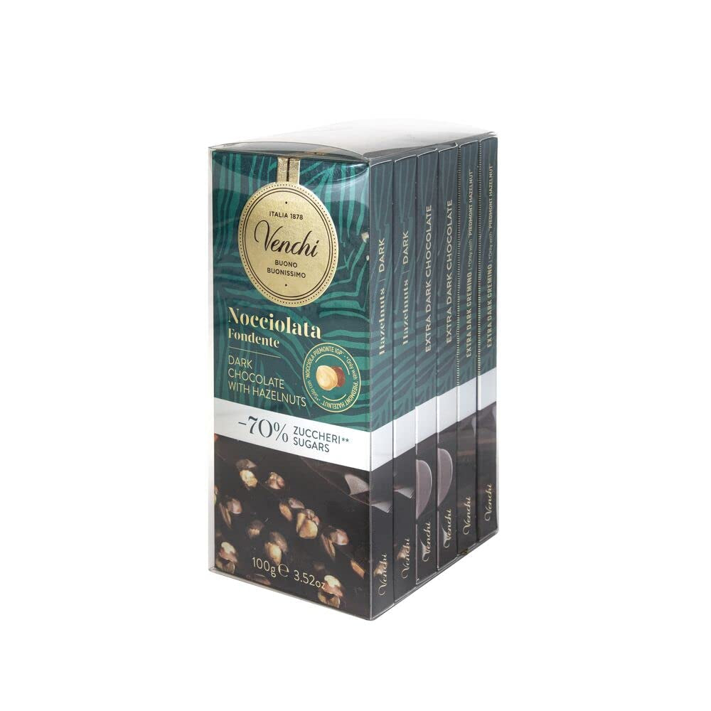Venchi - Pack de 6 tablettes de chocolat noir aux noisettes, 600g - Sans sucre ajouté - Sans édulcorants artificiels - Sans gluten - Vegan - Idée cadeau