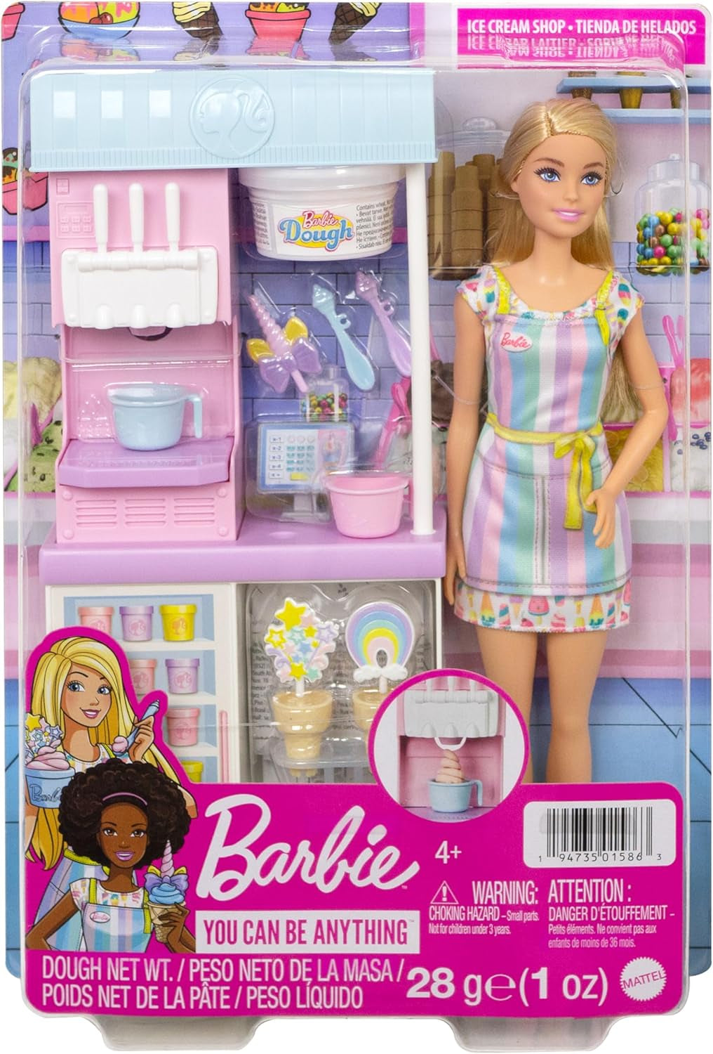 Barbie série You Can Be Anything, salon de crème glacée, 1 poupée Barbie aux cheveux blonds, machine à crème glacée, Barbie Play-Doh, accessoires de pâtisserie, cadeau pour enfants, jouet à partir de 3 ans, HCN46