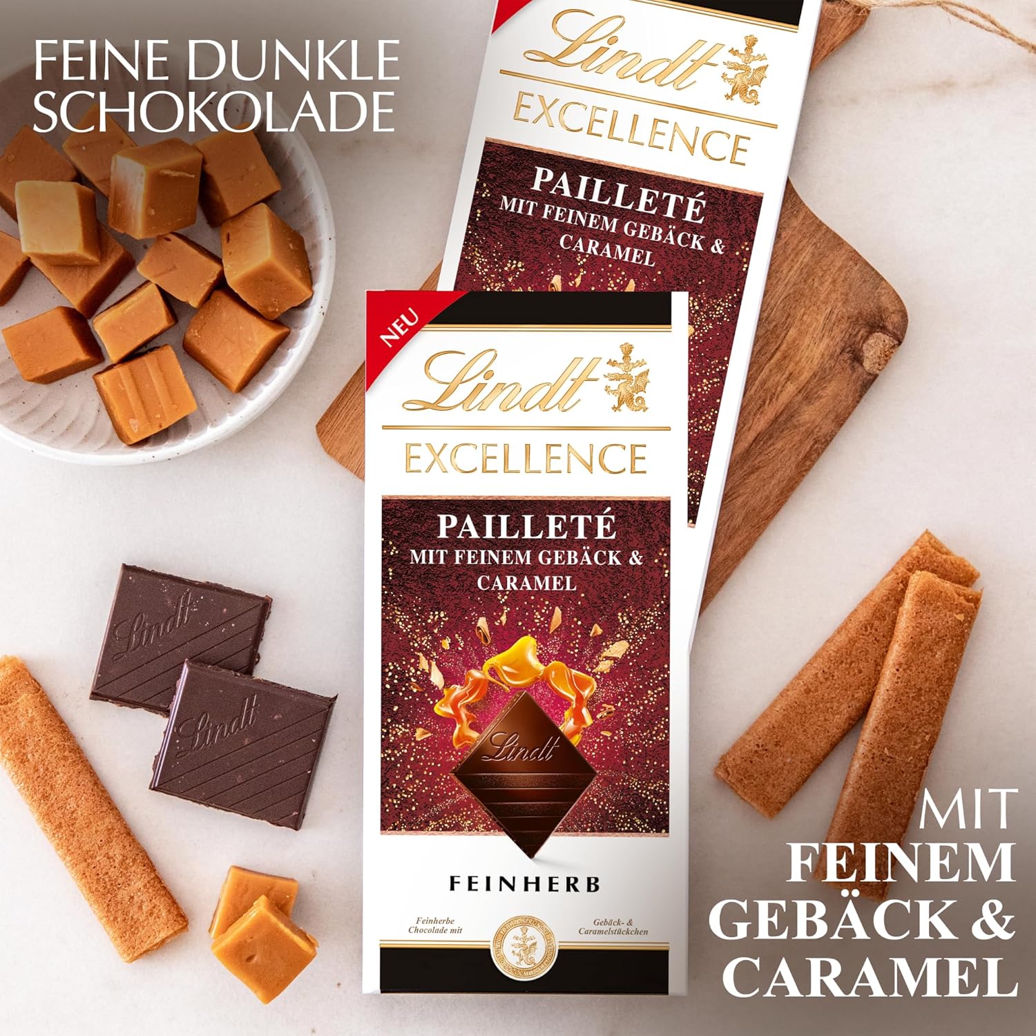Lindt EXCELLENCE Pâte Aux Paillettes Et Caramel - Chocolat Noir Fin Au Goût Intense De Cacao