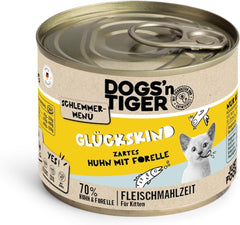 Dogs'n Tiger Schlemmermenü Glückskind, Nassfutter für Kätzchen, saftiges Hun und Forelle - sans Getreide, Zuckerzusatz, künstliche Konservierungsstoffe, optimale Verträglichkeit, 12x 200g