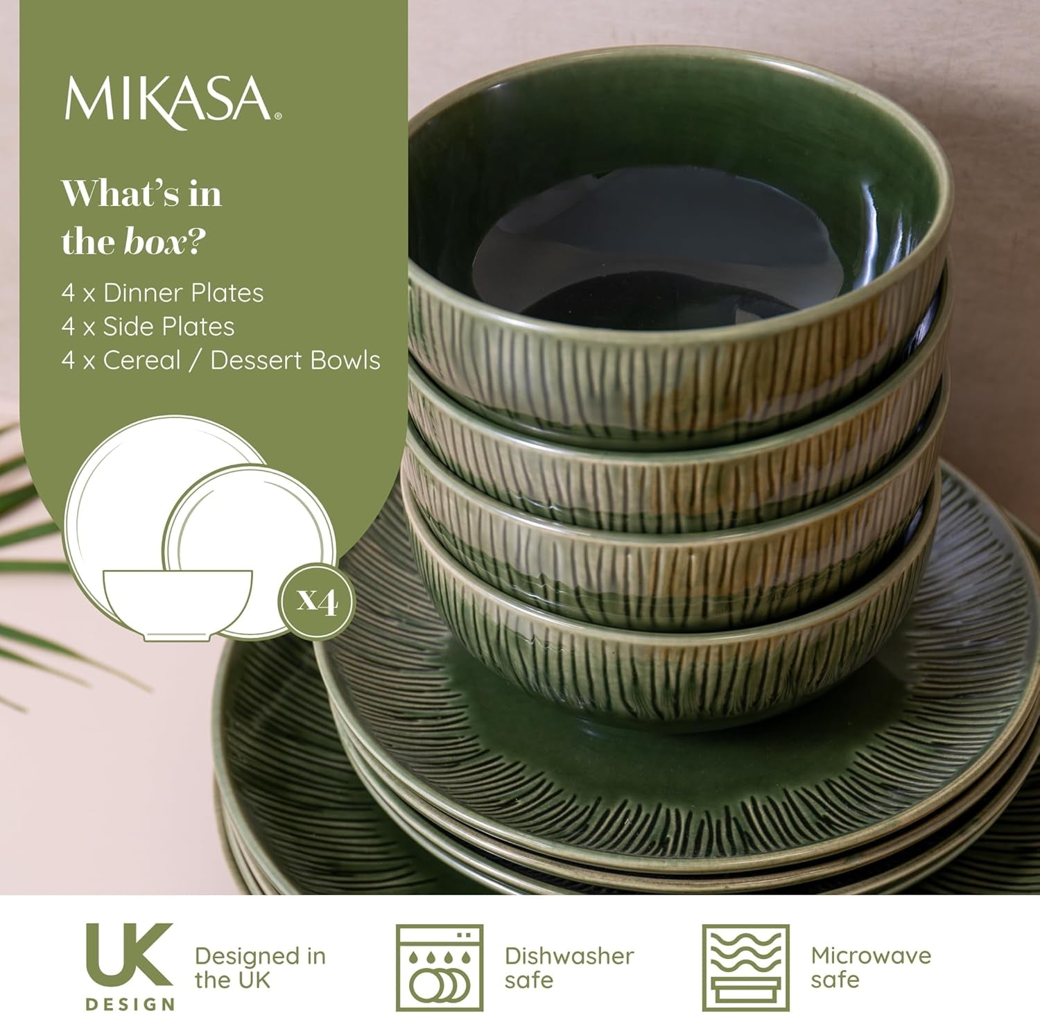 Mikasa Jardin Service de table 12 pièces, service de table en grès pour 4 personnes avec assiettes, assiettes latérales et bols, vert – Coffret cadeau et passe au lave-vaisselle