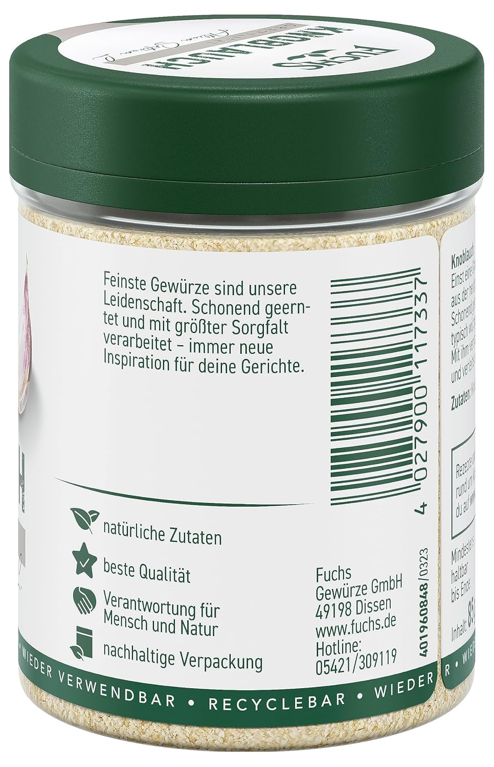 Fuchs Gewürze - Ail granulé - würzig-zwiebliger Geschmack für Tzatziki, Knoblauchbutter oder Gemüsegerichte - ingrédients naturels - 85 g en wiederverwendbarer, recyclebarer Dose