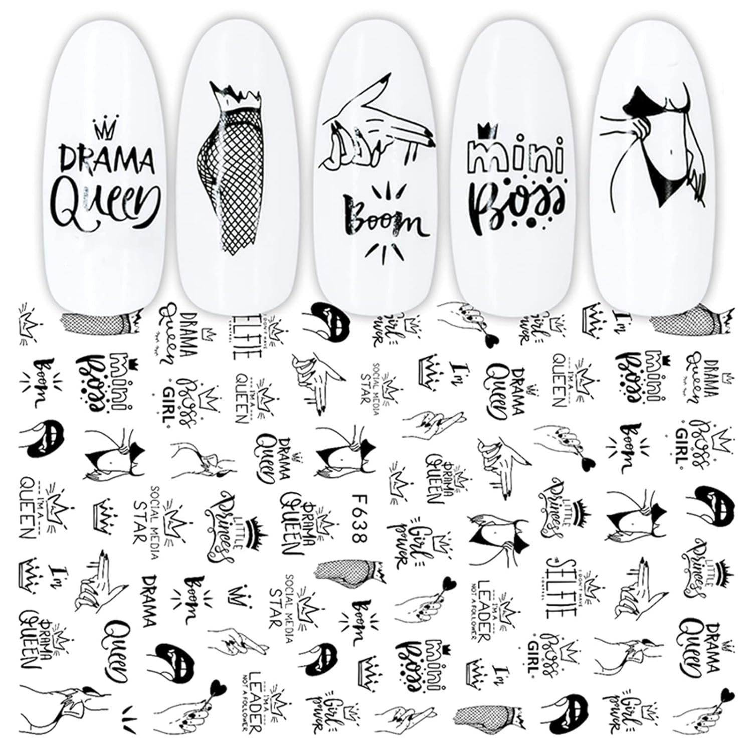 JMEOWIO Nagelsticker Geometrie 10 Blatt Nagelaufkleber Selbstklebend Schwarzes Herz Unregelmäßig Geformt Nail Art Sticker Dekoration Nageldesign Zubehör