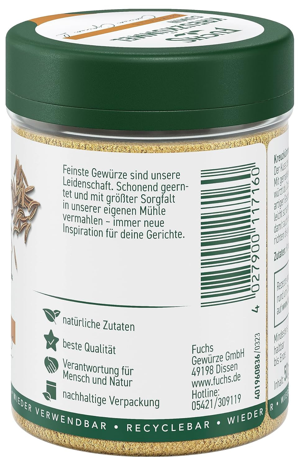 Fuchs Gewürze - Kreuzkümmel gemahlen - zum Würzen von Couscous, Hummus et Falafel - ingrédients naturels - 50 g en dose variable, recyclable