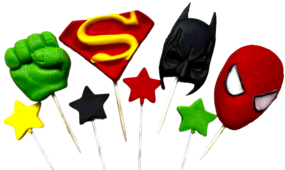 Super-Héros Set de Décorations Comestibles – 8 Figurines en Pâte à Sucre, Tailles 2–5,5 cm
