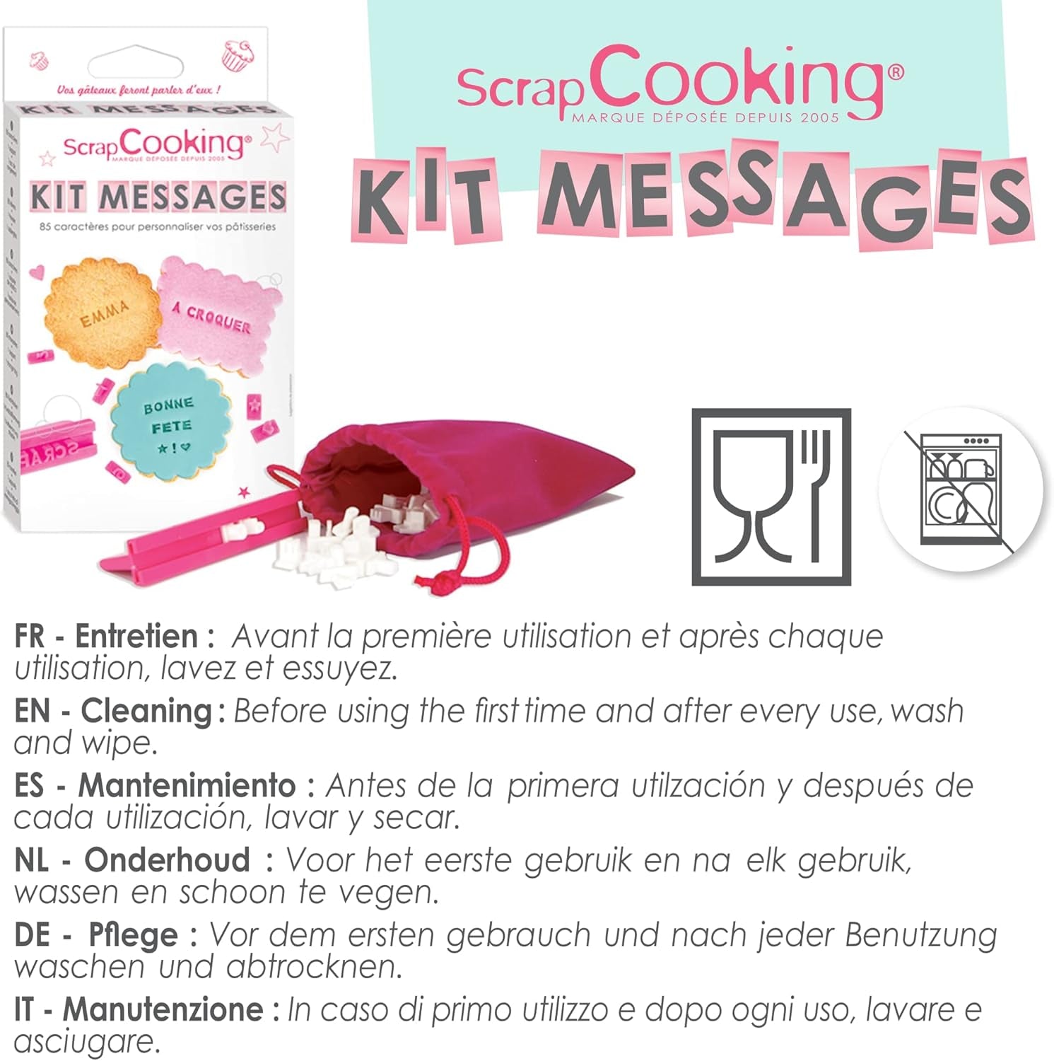 ScrapCooking 3700392420413 Ensemble de tampons à biscuits chiffres et lettres – pour fondant, biscuits, pâtisserie – matrices décorées sur mesure, plastique, rose