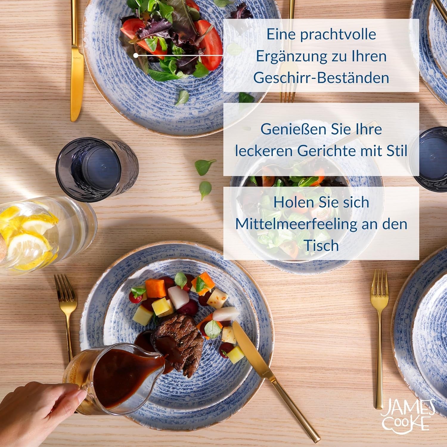 Azure Service de table vintage en grès pour 6 à 24 pièces – Rayures blanches et bleues, surface en relief – Passe au lave-vaisselle, au four et au micro-ondes