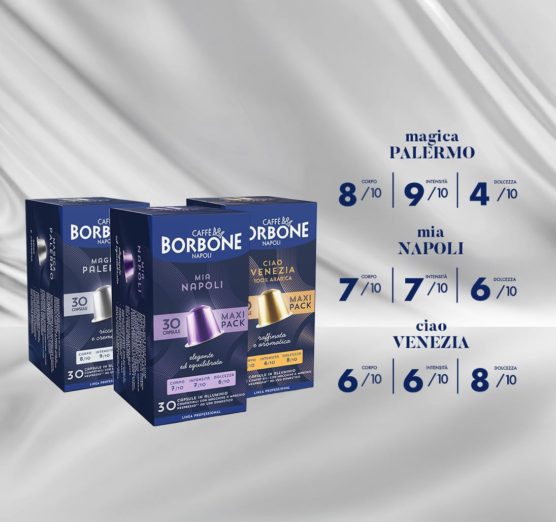 Caffè Borbone Verkostung Kit, 90 capsules en aluminium : 30 Mia Napoli, 30 Ciao Venezia, 30 Magica Palermo, (3 x 30 Stück) – Compatible avec Kaffeemaschinen für den Hausgebrauch de la marque Nespresso®*