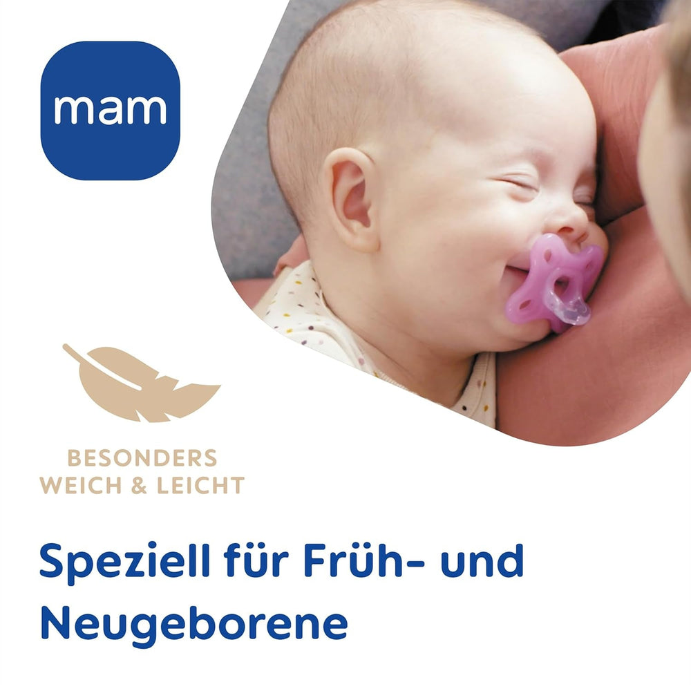 Sucette Confort MAM | 0-3 mois | Sucette pour bébés prématurés et nouveau-nés | Sucette adaptée à l'allaitement | Extra petit et léger | Extra doux | 100 % silicone | Rose/Beige | Paquet de 2